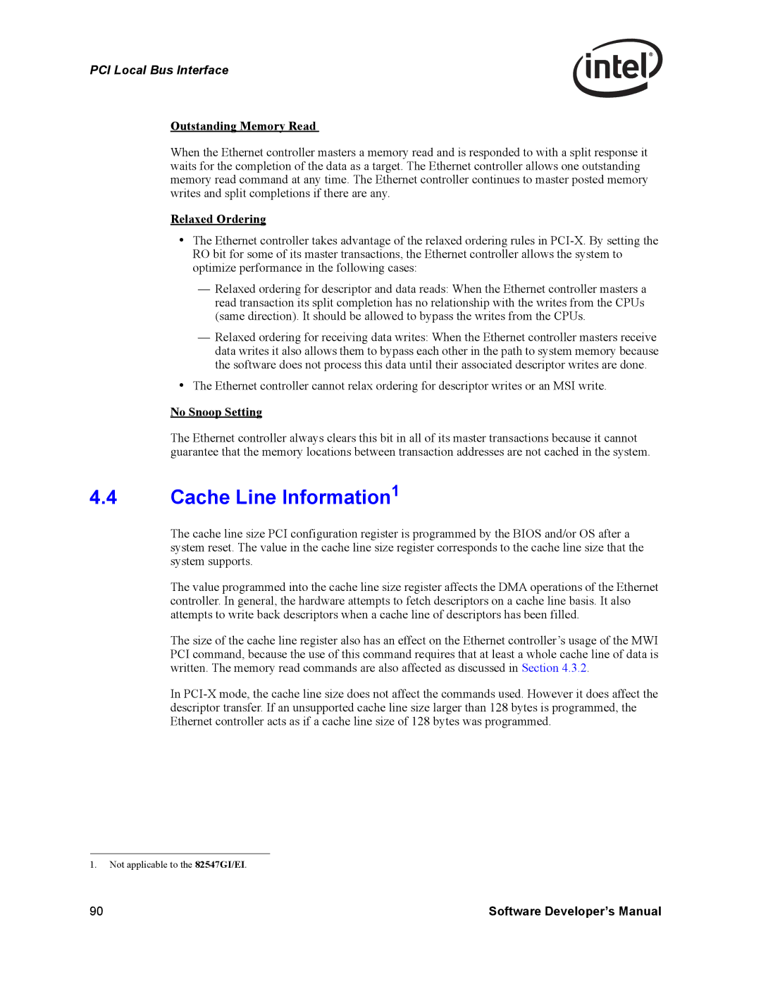 Intel Intel Gigabit Ethernet Controllers, PCI-X manual Cache Line Information1, Outstanding Memory Read 