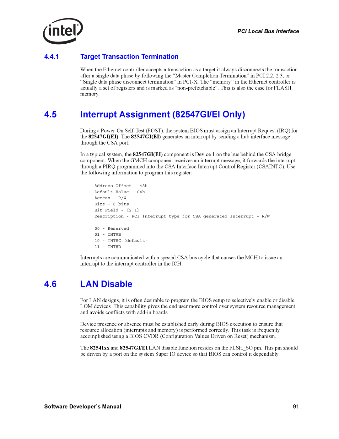 Intel PCI-X manual Interrupt Assignment 82547GI/EI Only, LAN Disable, Target Transaction Termination 