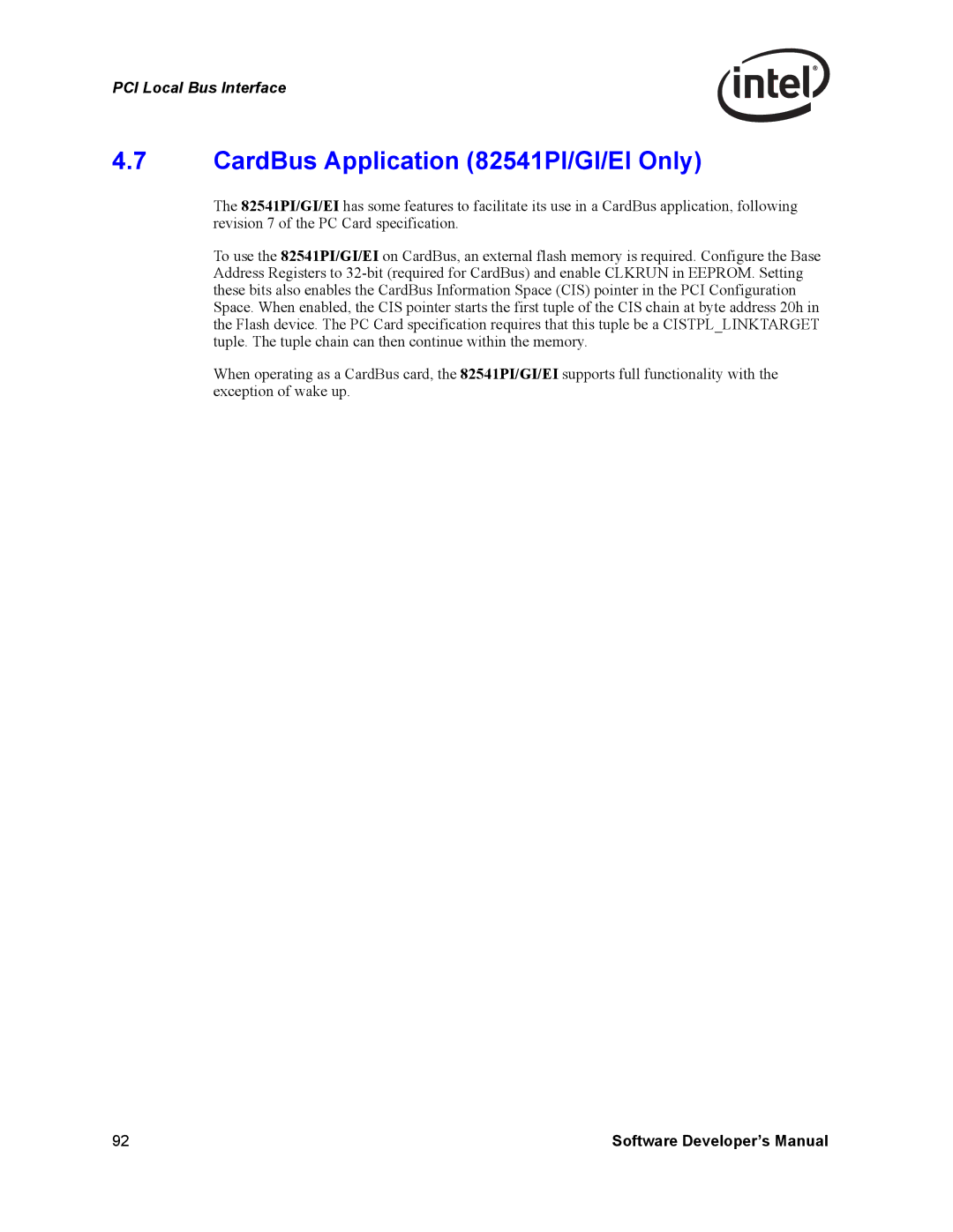 Intel PCI-X, Intel Gigabit Ethernet Controllers manual CardBus Application 82541PI/GI/EI Only 