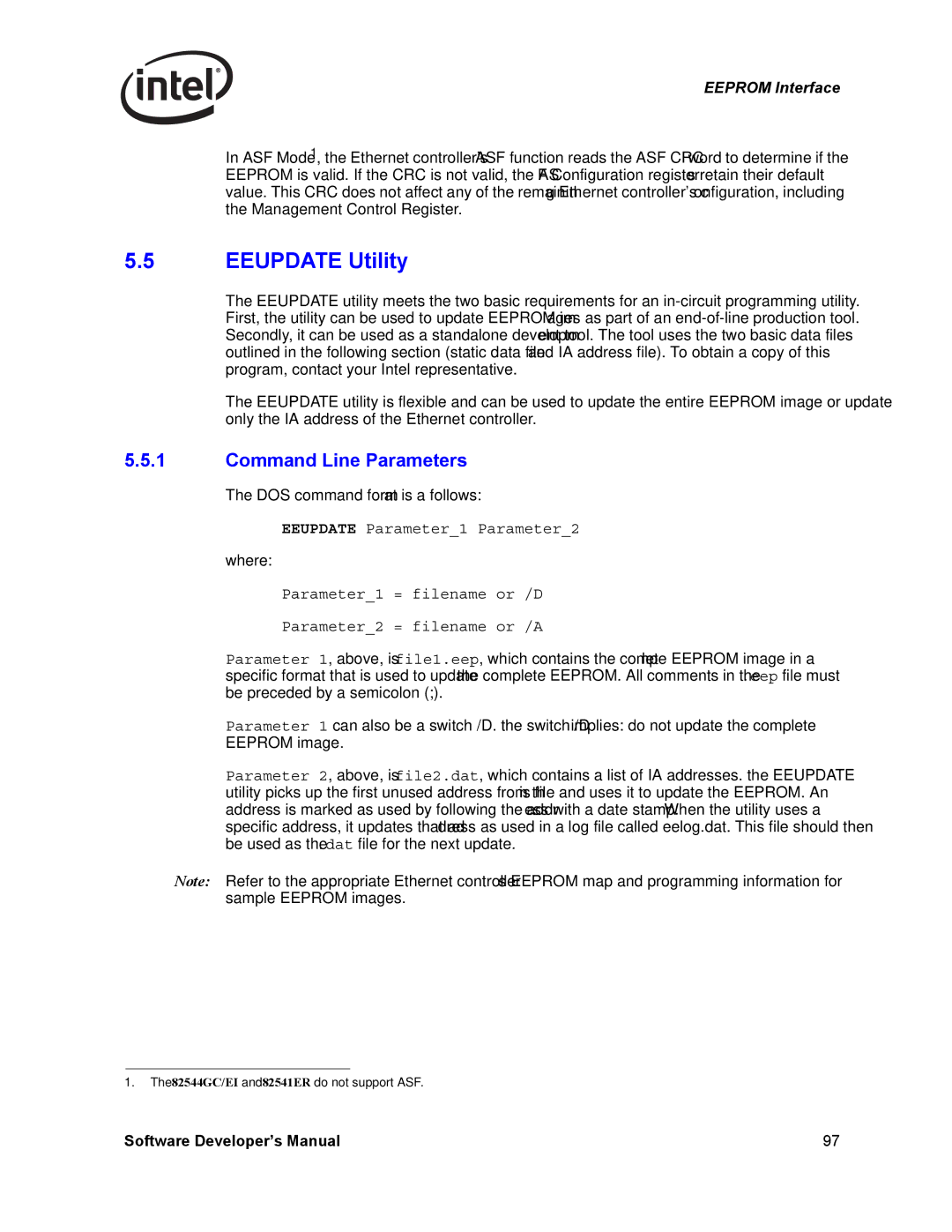 Intel PCI-X, Intel Gigabit Ethernet Controllers manual Eeupdate Utility, Command Line Parameters 