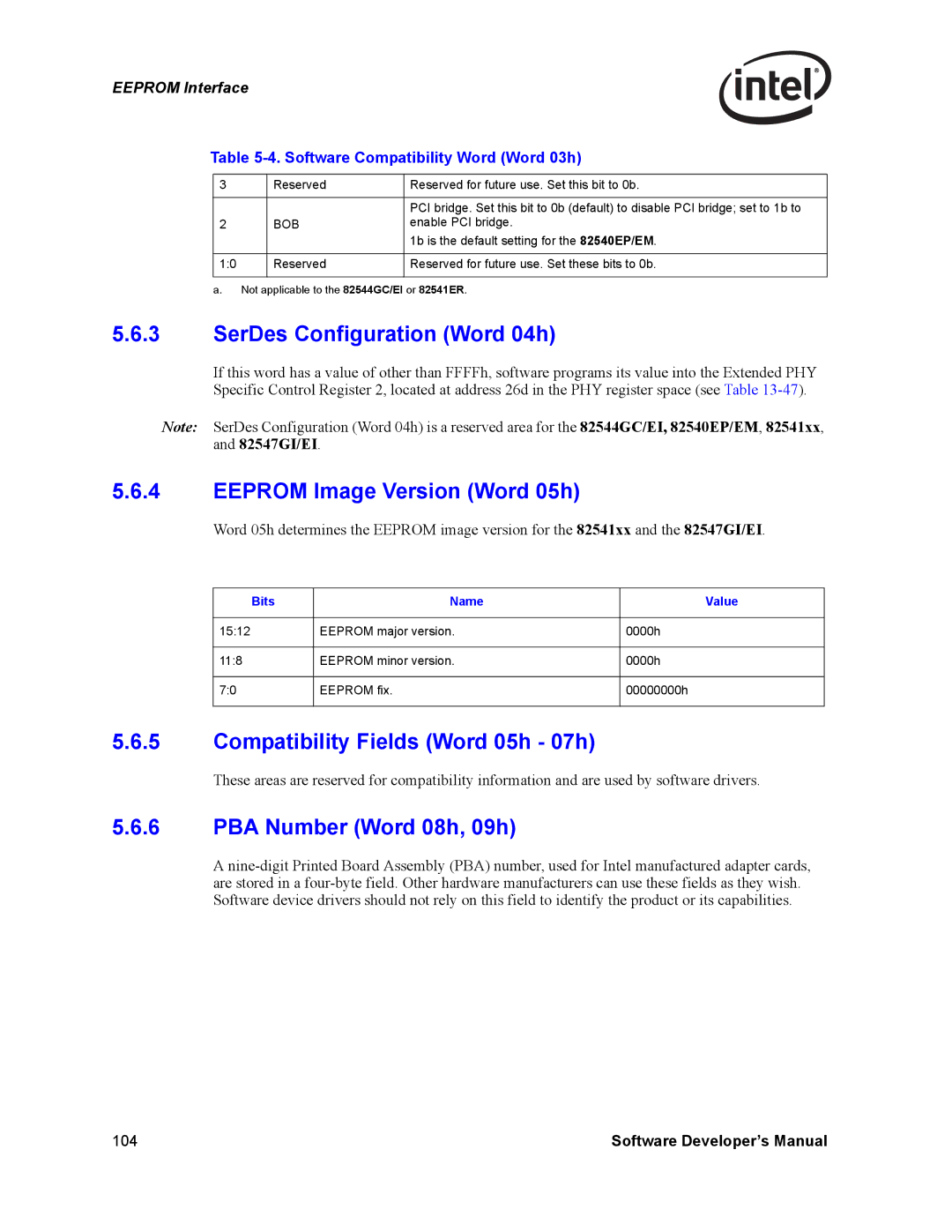 Intel PCI-X manual SerDes Configuration Word 04h, Eeprom Image Version Word 05h, Compatibility Fields Word 05h 07h 