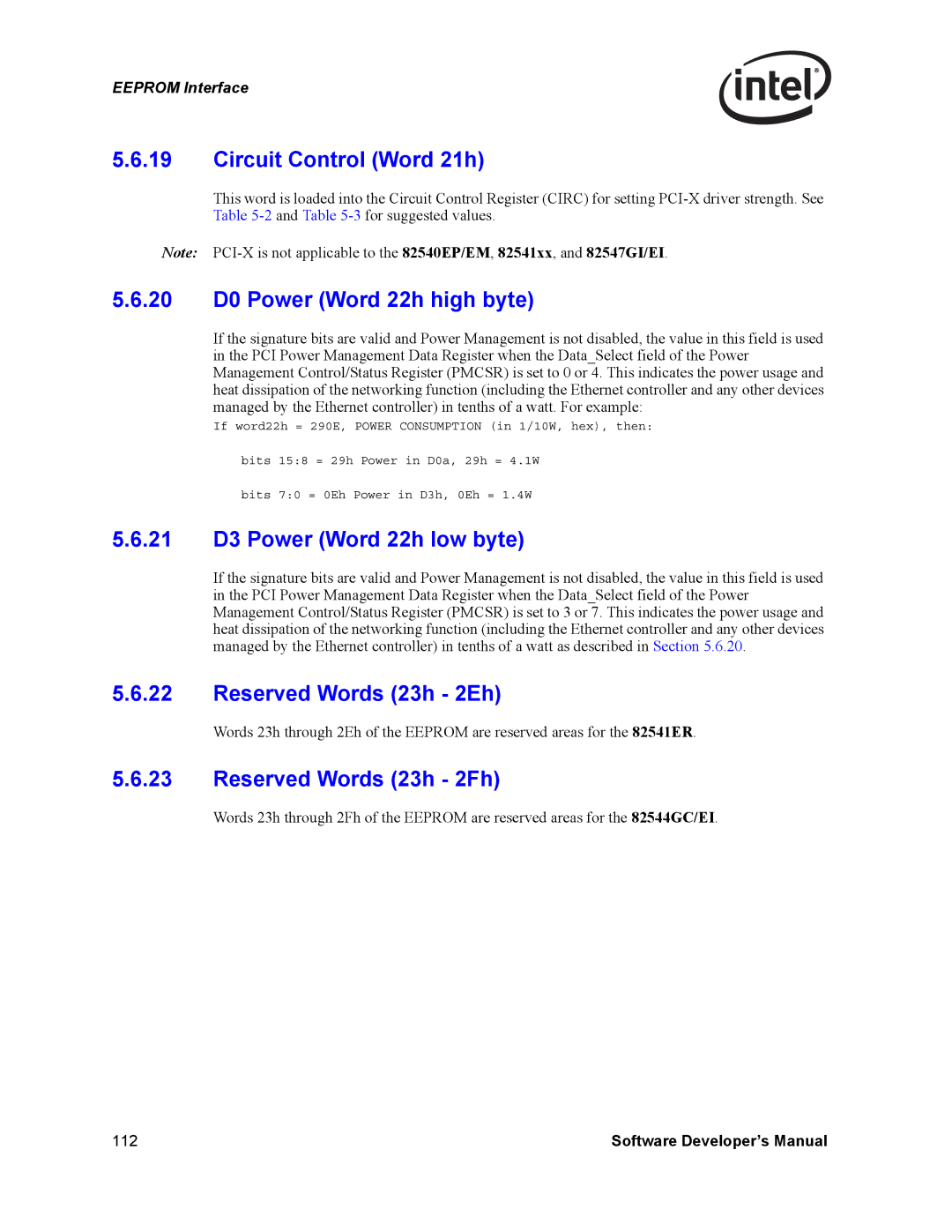 Intel PCI Circuit Control Word 21h, 20 D0 Power Word 22h high byte, 21 D3 Power Word 22h low byte, Reserved Words 23h 2Eh 