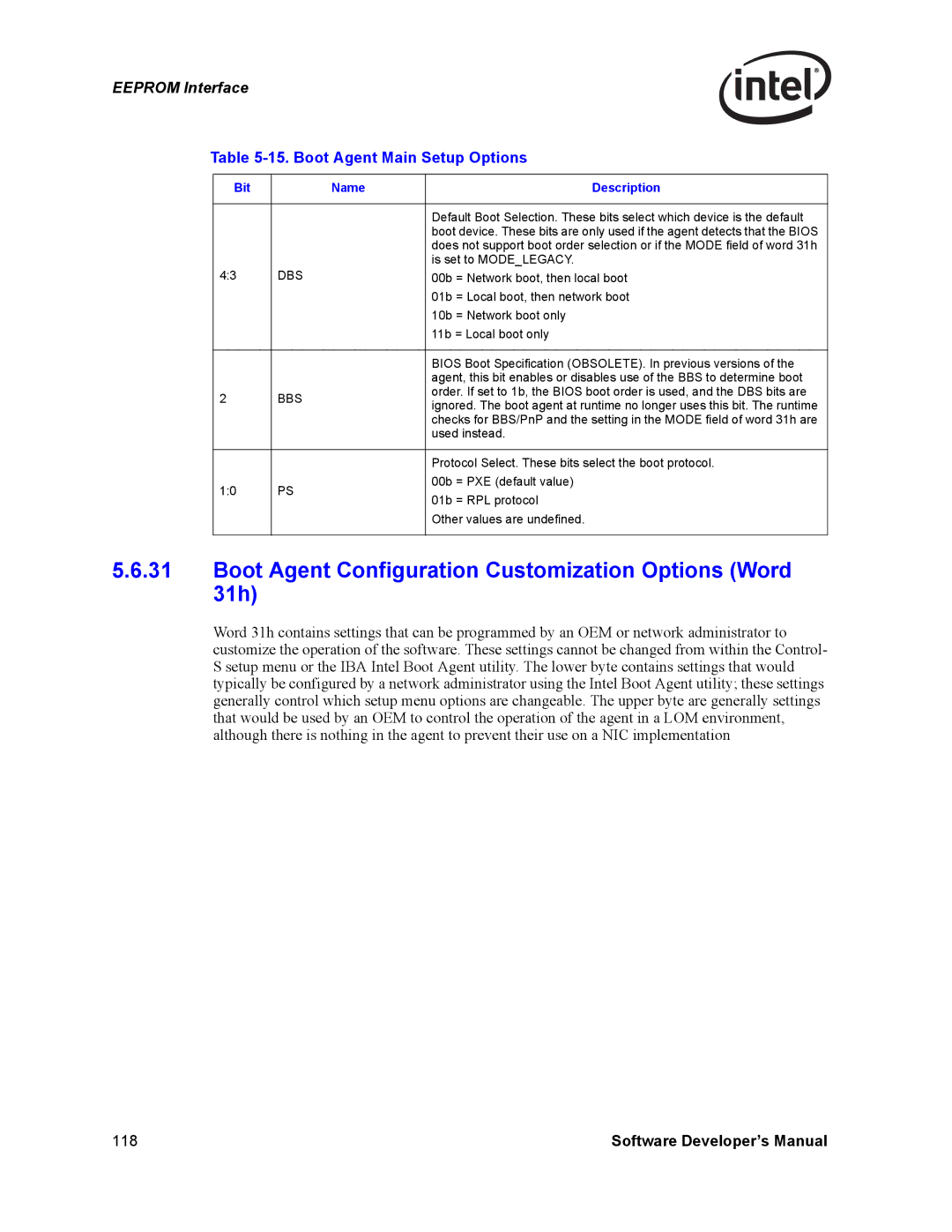 Intel PCI-X, Intel Gigabit Ethernet Controllers manual Boot Agent Configuration Customization Options Word 31h, Dbs, Bbs 