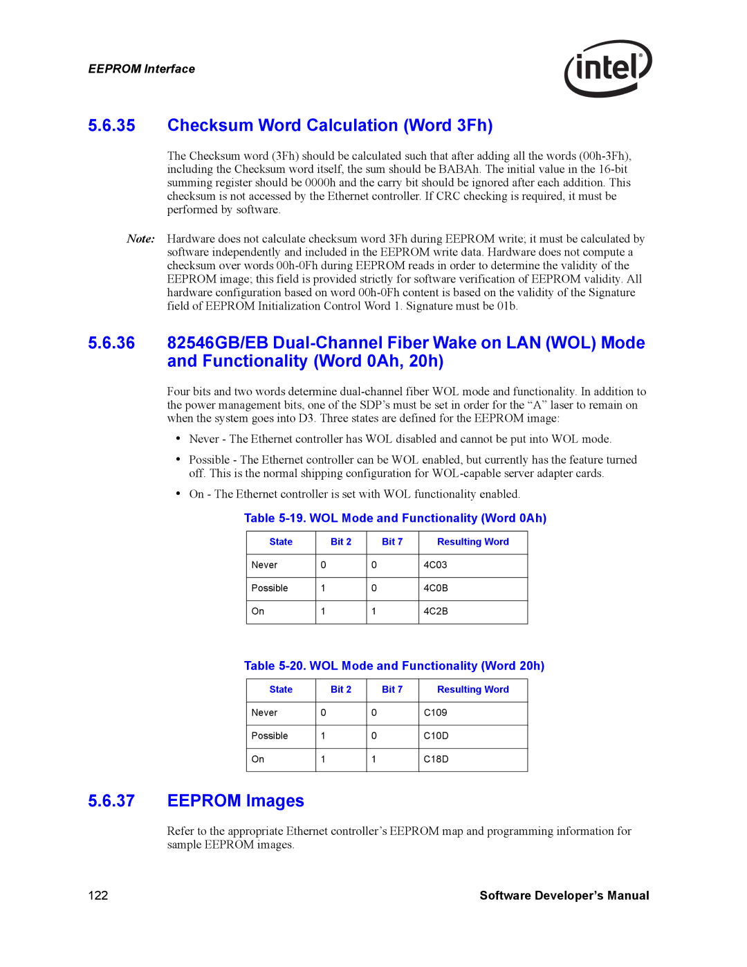 Intel PCI-X manual Checksum Word Calculation Word 3Fh, Eeprom Images, WOL Mode and Functionality Word 0Ah 