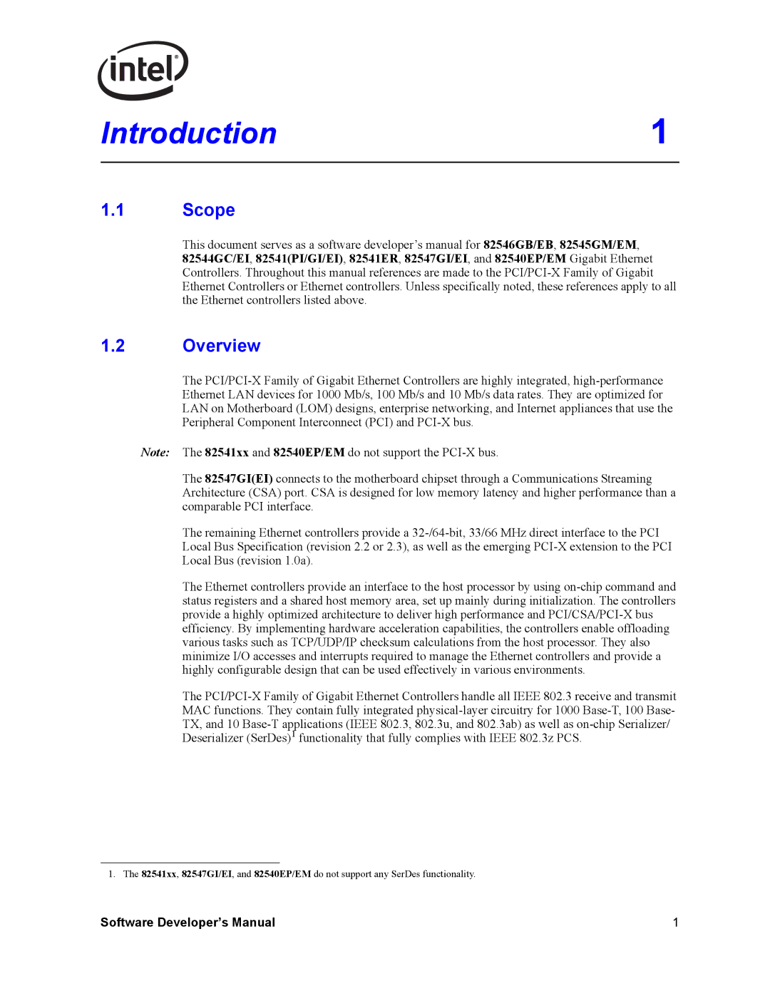 Intel PCI-X, Intel Gigabit Ethernet Controllers manual Scope, Overview 