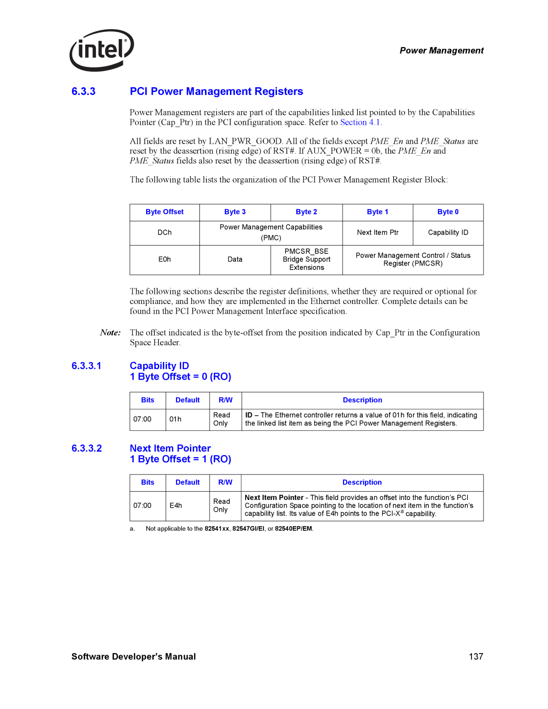 Intel PCI-X manual PCI Power Management Registers, Capability ID Byte Offset = 0 RO, Next Item Pointer Byte Offset = 1 RO 