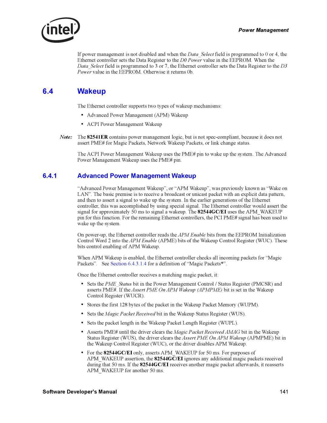 Intel Intel Gigabit Ethernet Controllers, PCI-X manual Advanced Power Management Wakeup 