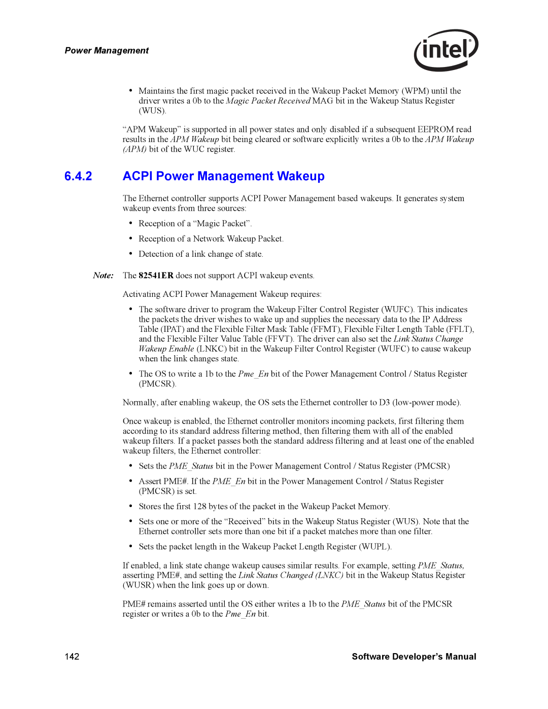 Intel PCI-X, Intel Gigabit Ethernet Controllers manual Acpi Power Management Wakeup 