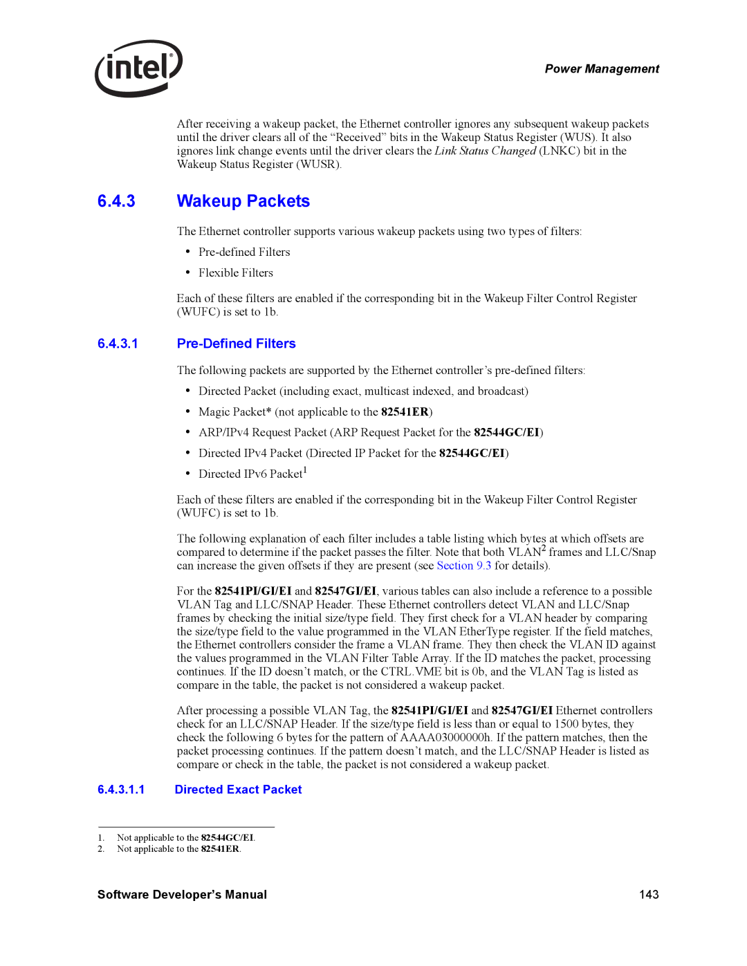 Intel PCI-X, Intel Gigabit Ethernet Controllers manual Wakeup Packets, Pre-Defined Filters, Directed Exact Packet 