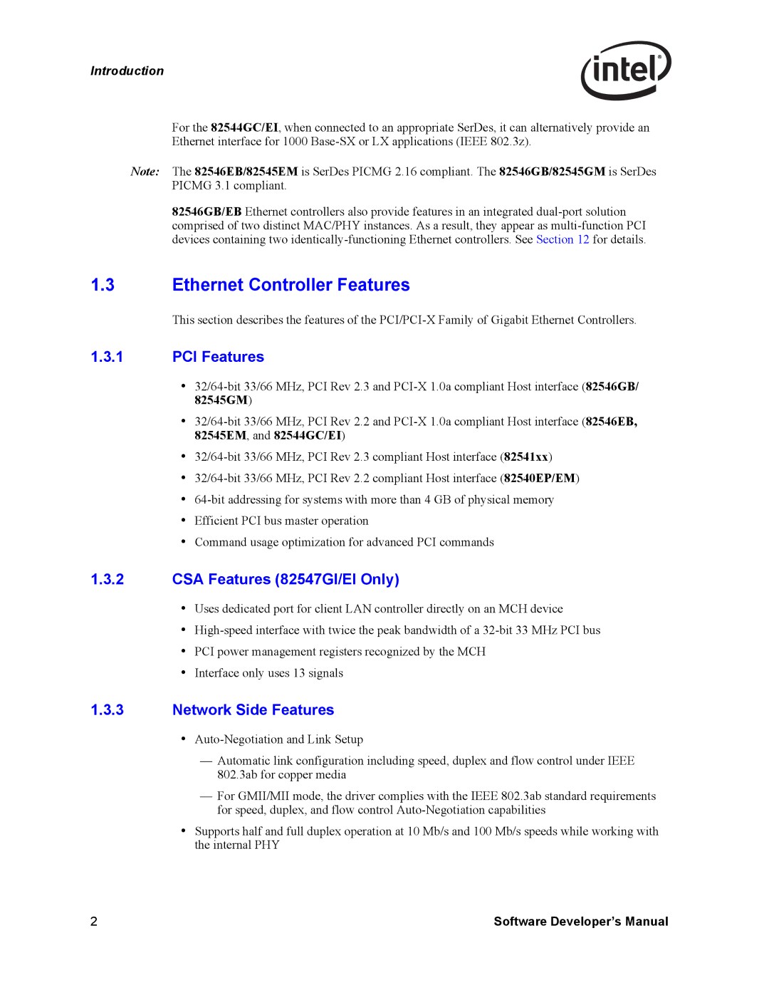 Intel PCI-X manual Ethernet Controller Features, PCI Features, CSA Features 82547GI/EI Only, Network Side Features 