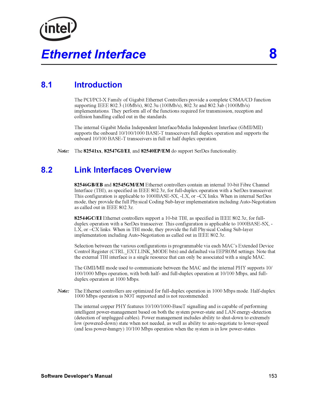 Intel Intel Gigabit Ethernet Controllers, PCI-X manual Ethernet Interface, Link Interfaces Overview 