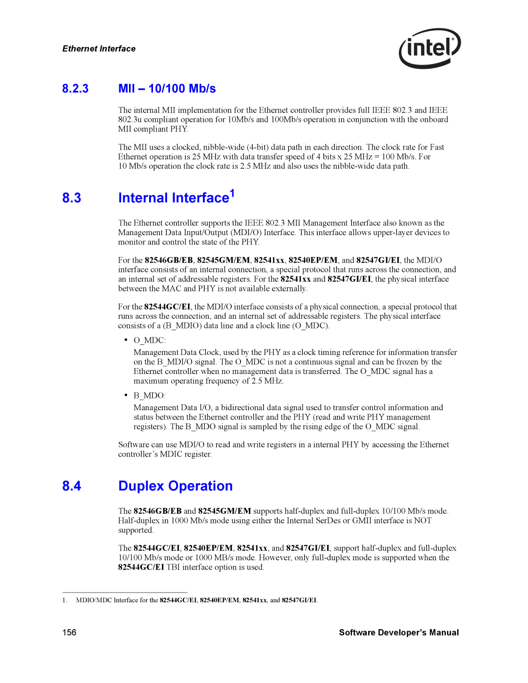 Intel Intel Gigabit Ethernet Controllers, PCI-X manual Internal Interface1, Duplex Operation, MII 10/100 Mb/s 