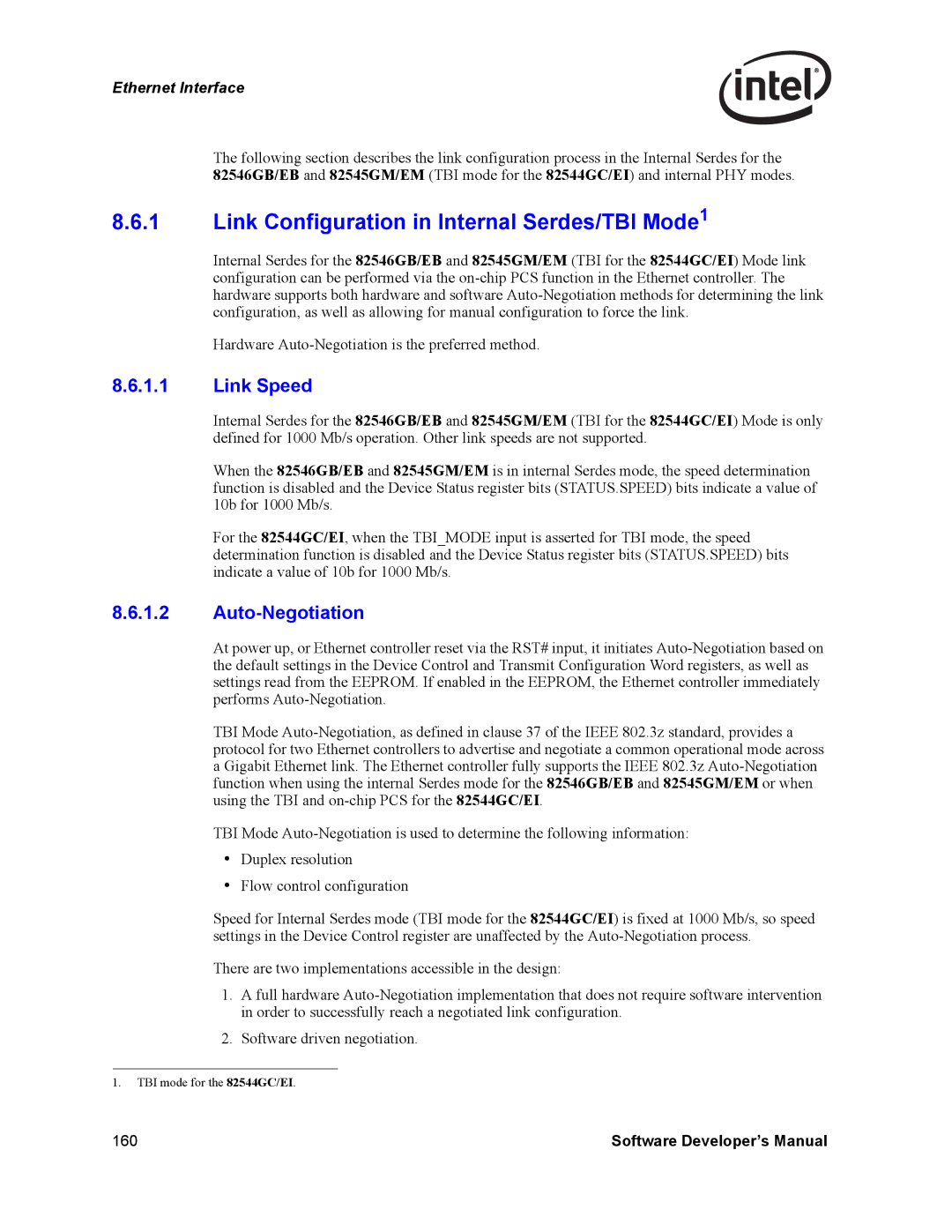 Intel PCI-X manual Link Configuration in Internal Serdes/TBI Mode1, Link Speed, Auto-Negotiation 