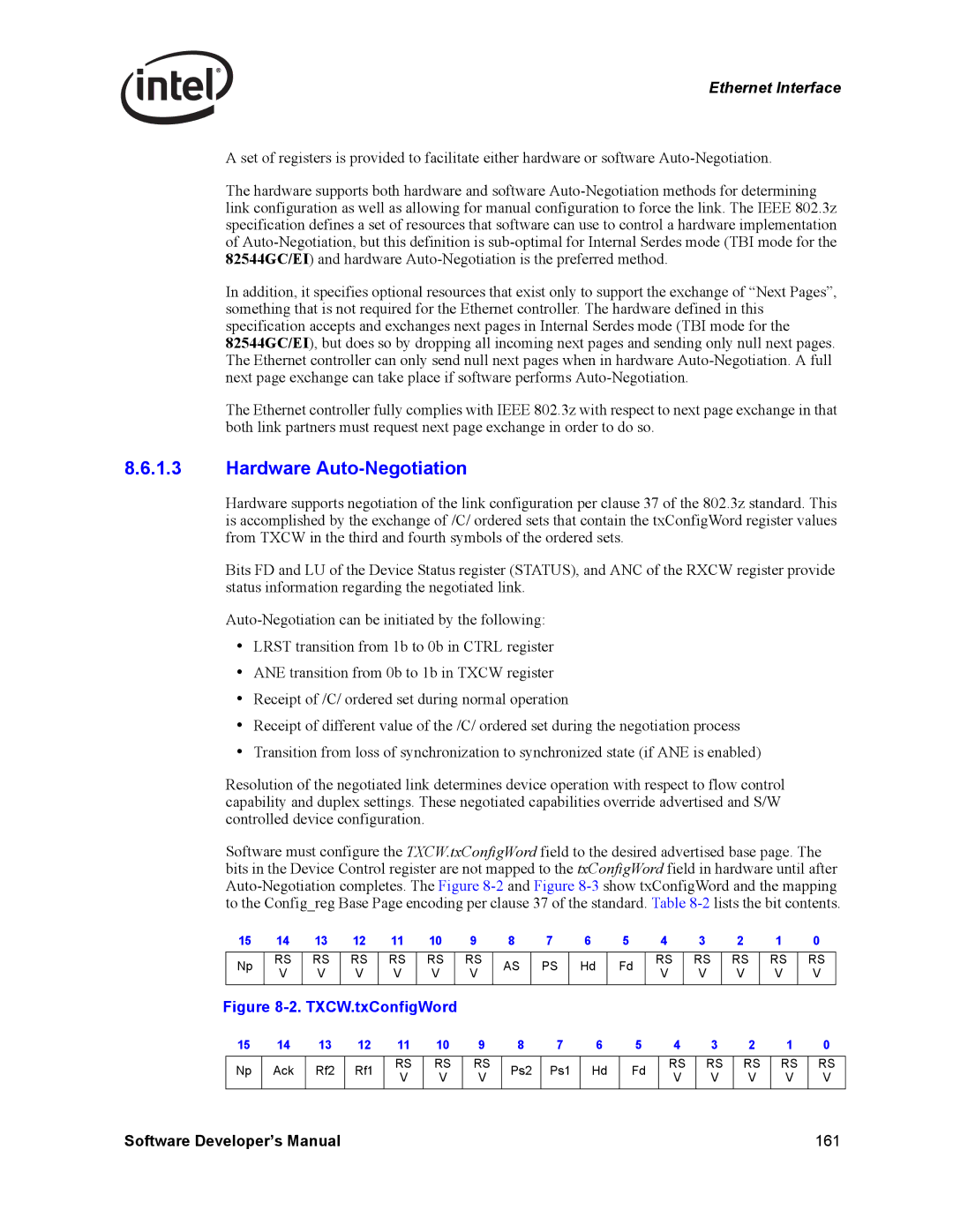 Intel PCI-X, Intel Gigabit Ethernet Controllers manual Hardware Auto-Negotiation, TXCW.txConfigWord 