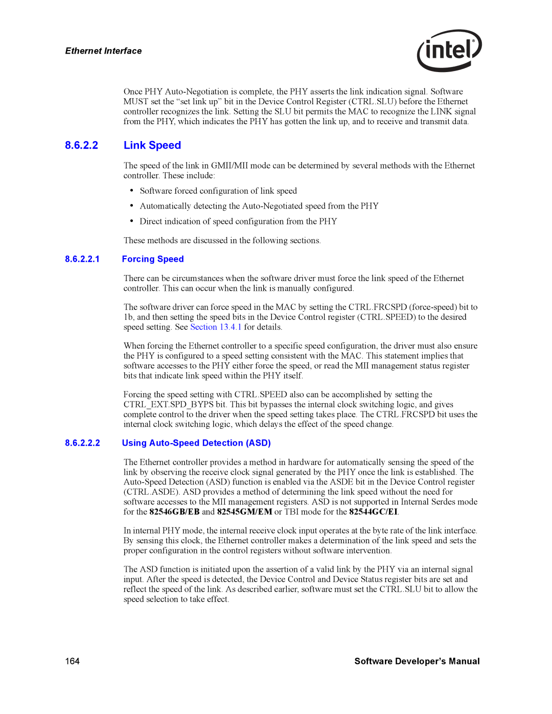 Intel PCI-X, Intel Gigabit Ethernet Controllers manual Forcing Speed, Using Auto-Speed Detection ASD 