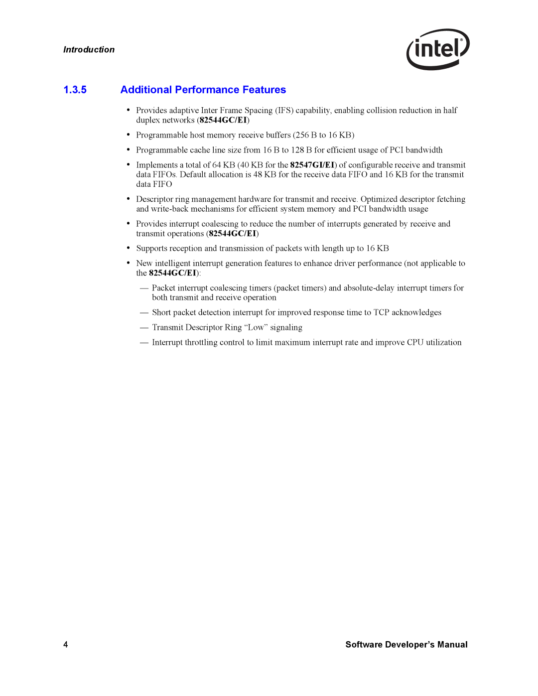 Intel PCI-X, Intel Gigabit Ethernet Controllers manual Additional Performance Features 