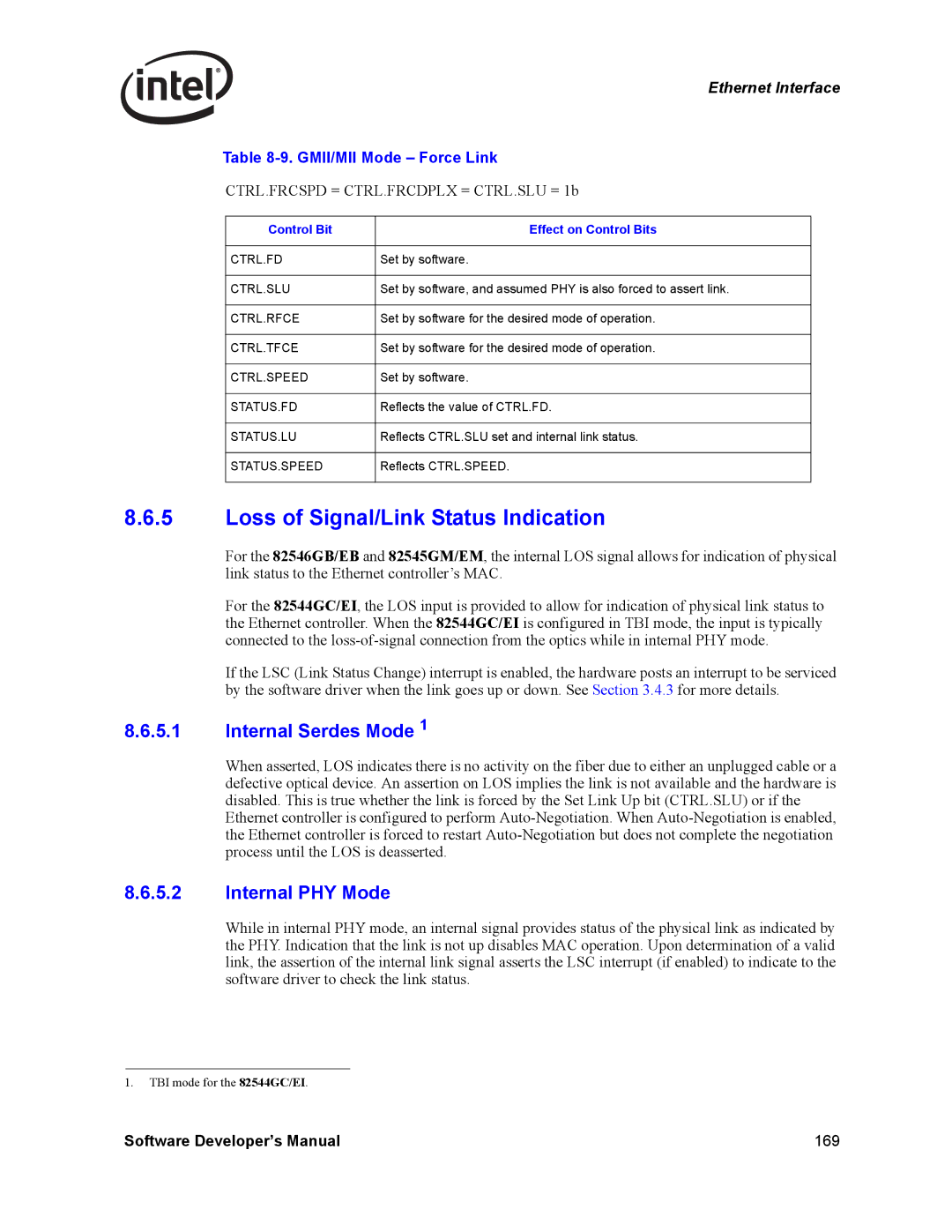 Intel PCI-X Loss of Signal/Link Status Indication, Internal Serdes Mode, Internal PHY Mode, GMII/MII Mode Force Link 