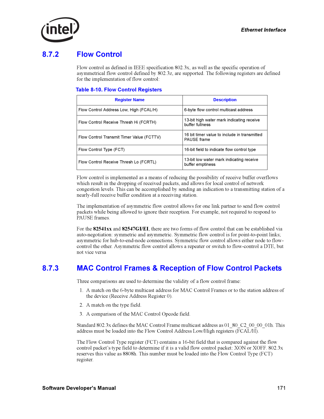 Intel Intel Gigabit Ethernet Controllers, PCI-X manual MAC Control Frames & Reception of Flow Control Packets 