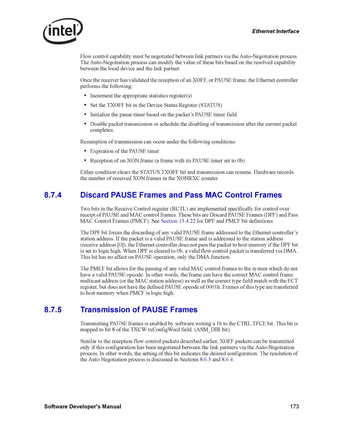 Intel PCI-X manual Discard Pause Frames and Pass MAC Control Frames, Transmission of Pause Frames 