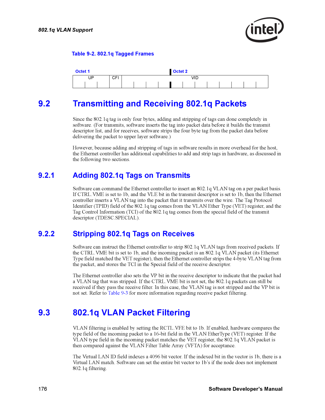 Intel PCI-X manual Transmitting and Receiving 802.1q Packets, 802.1q Vlan Packet Filtering, Adding 802.1q Tags on Transmits 