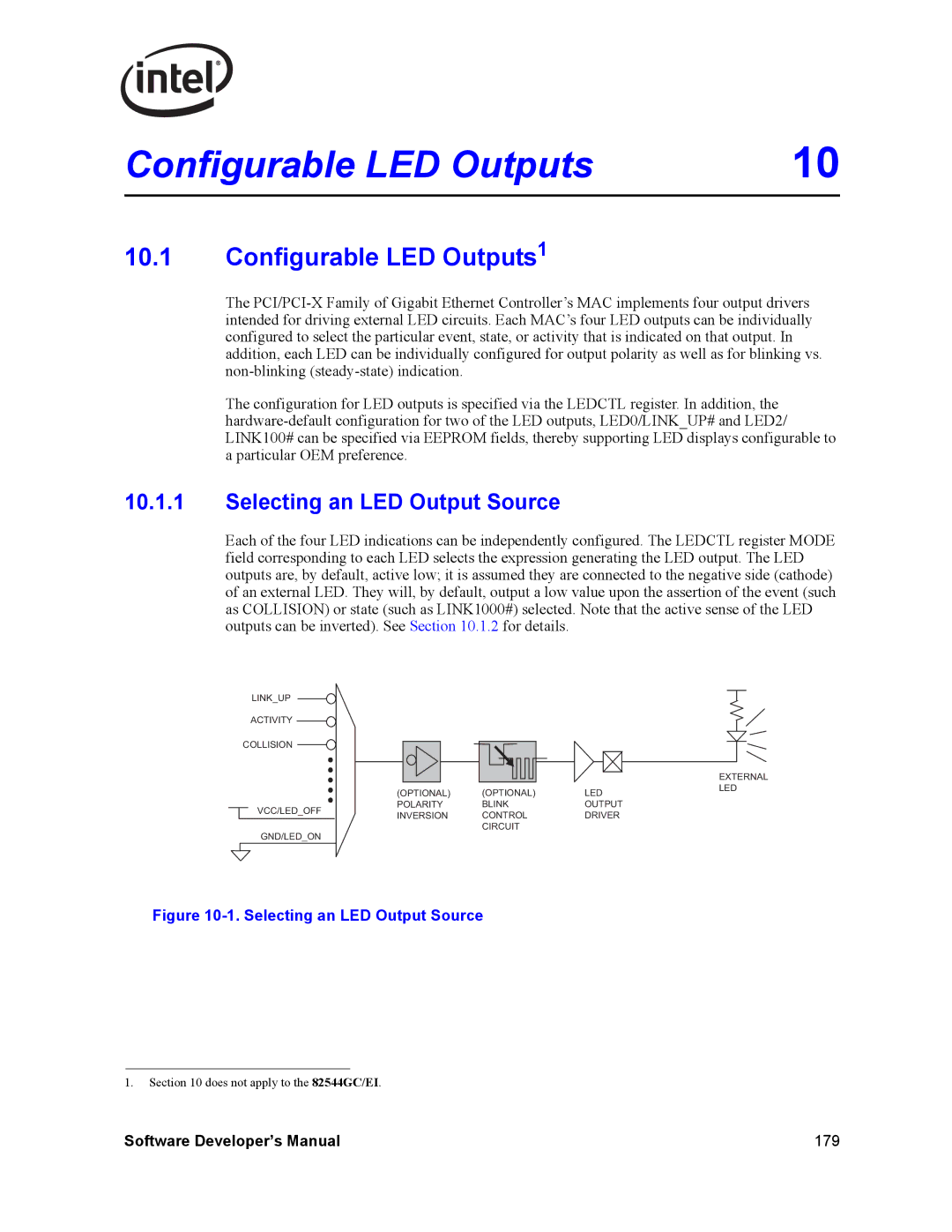 Intel PCI-X, Intel Gigabit Ethernet Controllers manual Configurable LED Outputs1, Selecting an LED Output Source 