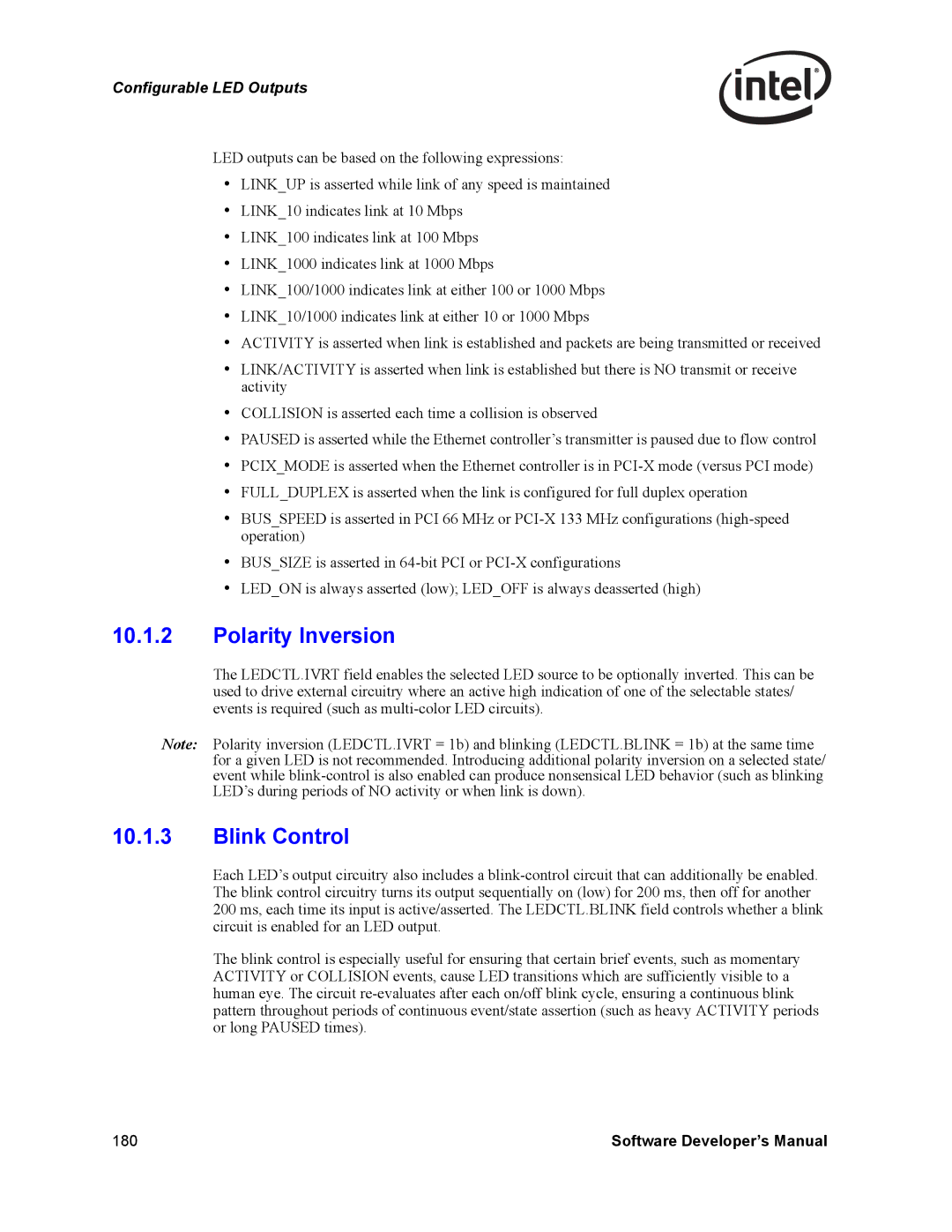 Intel Intel Gigabit Ethernet Controllers, PCI-X manual Polarity Inversion, Blink Control 