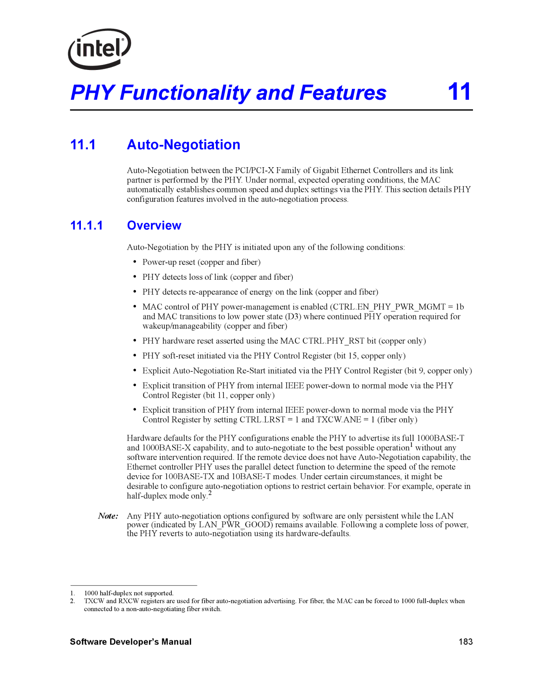 Intel Intel Gigabit Ethernet Controllers, PCI-X manual PHY Functionality and Features, Auto-Negotiation 