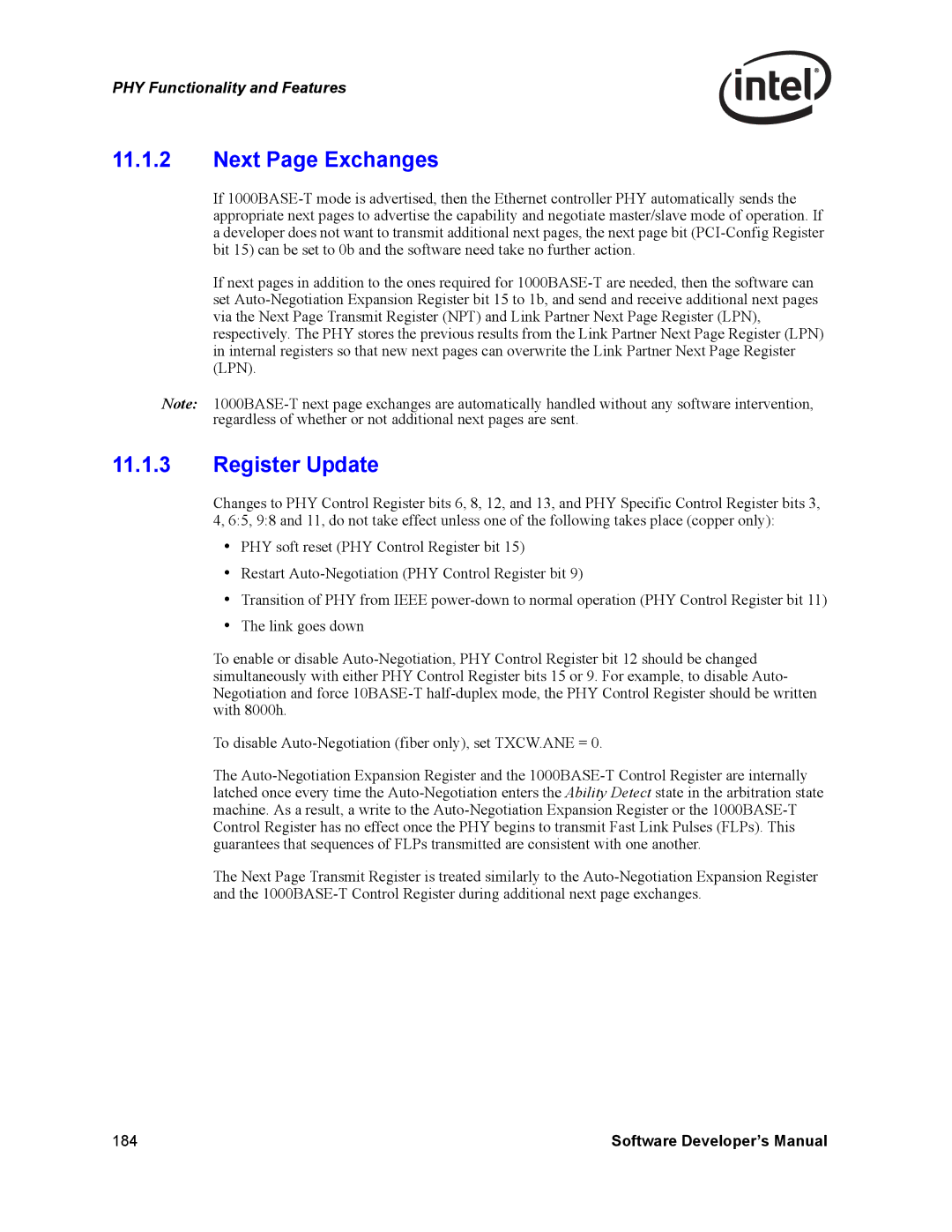 Intel PCI-X, Intel Gigabit Ethernet Controllers manual Next Page Exchanges, Register Update 