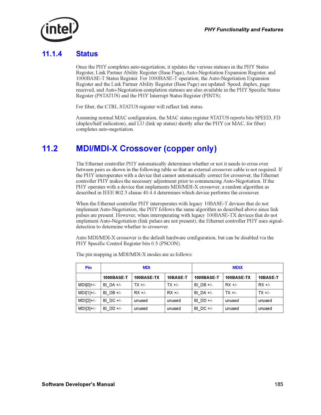 Intel PCI-X, Intel Gigabit Ethernet Controllers manual 11.2 MDI/MDI-X Crossover copper only, Status, Pin, 1000BASE-T 