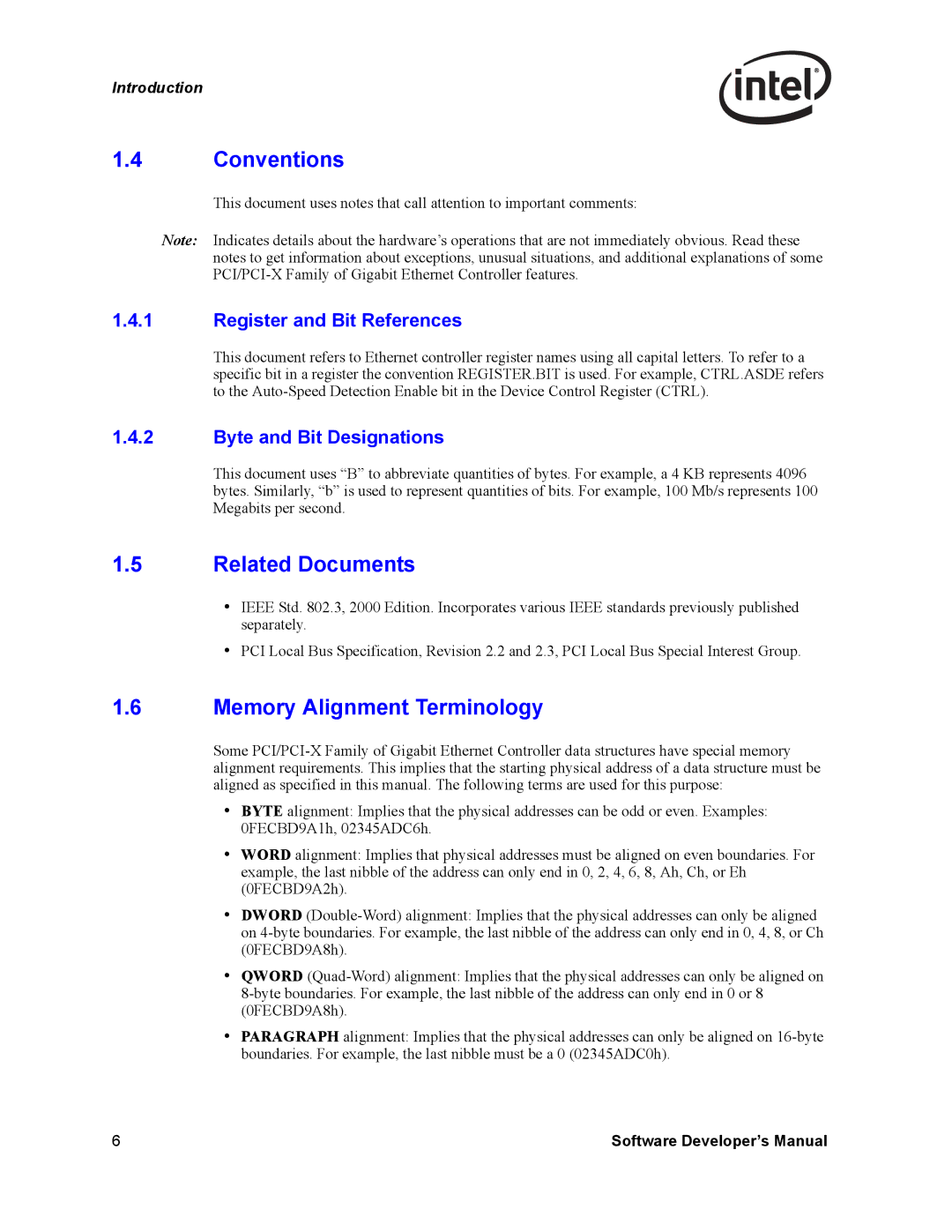 Intel Intel Gigabit Ethernet Controllers, PCI-X manual Conventions, Related Documents, Memory Alignment Terminology 