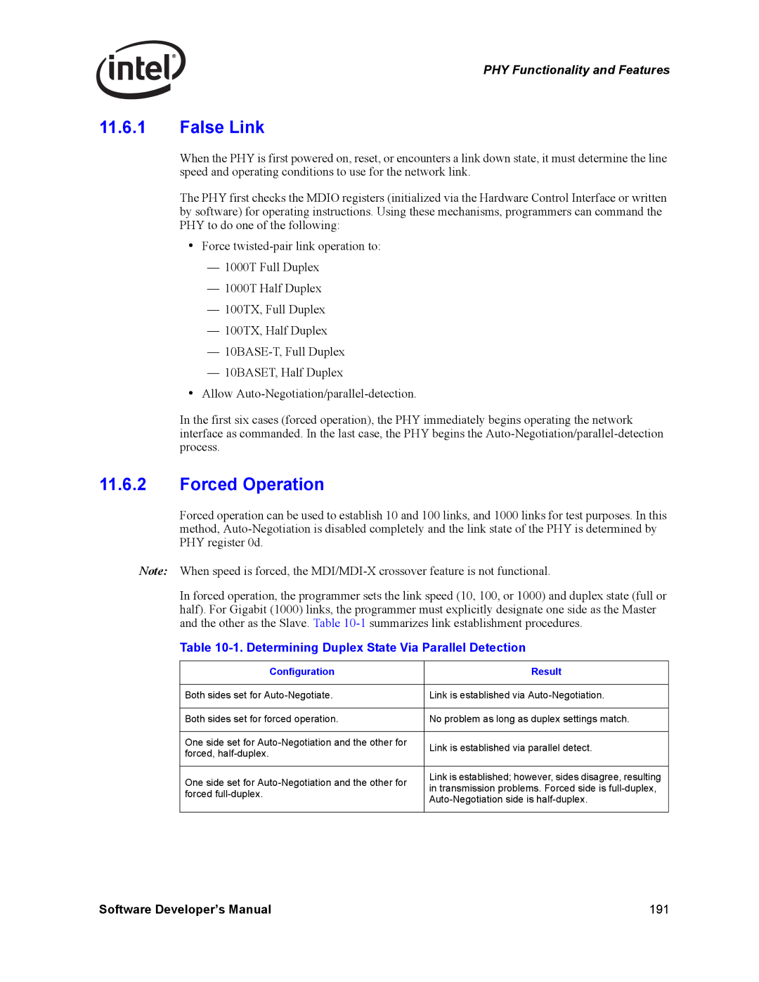 Intel PCI-X manual False Link, Forced Operation, Determining Duplex State Via Parallel Detection, Configuration Result 