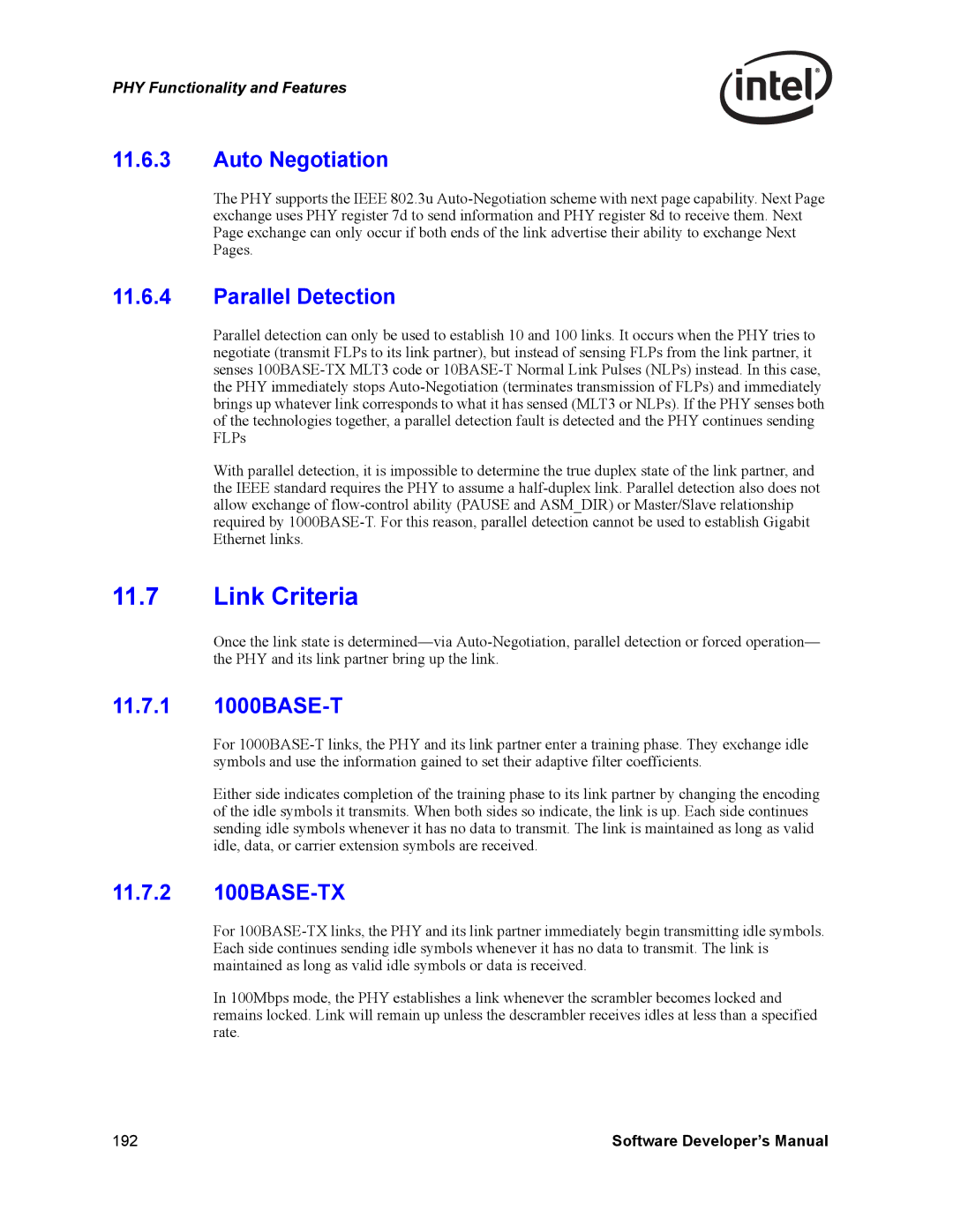 Intel Intel Gigabit Ethernet Controllers, PCI-X Link Criteria, Auto Negotiation, Parallel Detection, 11.7.1 1000BASE-T 