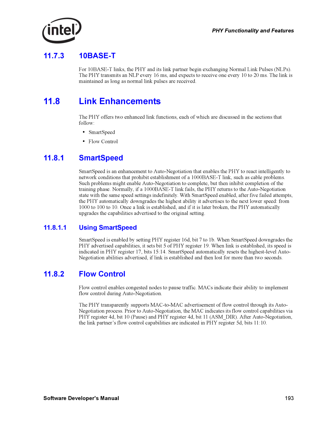 Intel PCI-X, Intel Gigabit Ethernet Controllers manual Link Enhancements, 11.7.3 10BASE-T, Using SmartSpeed 