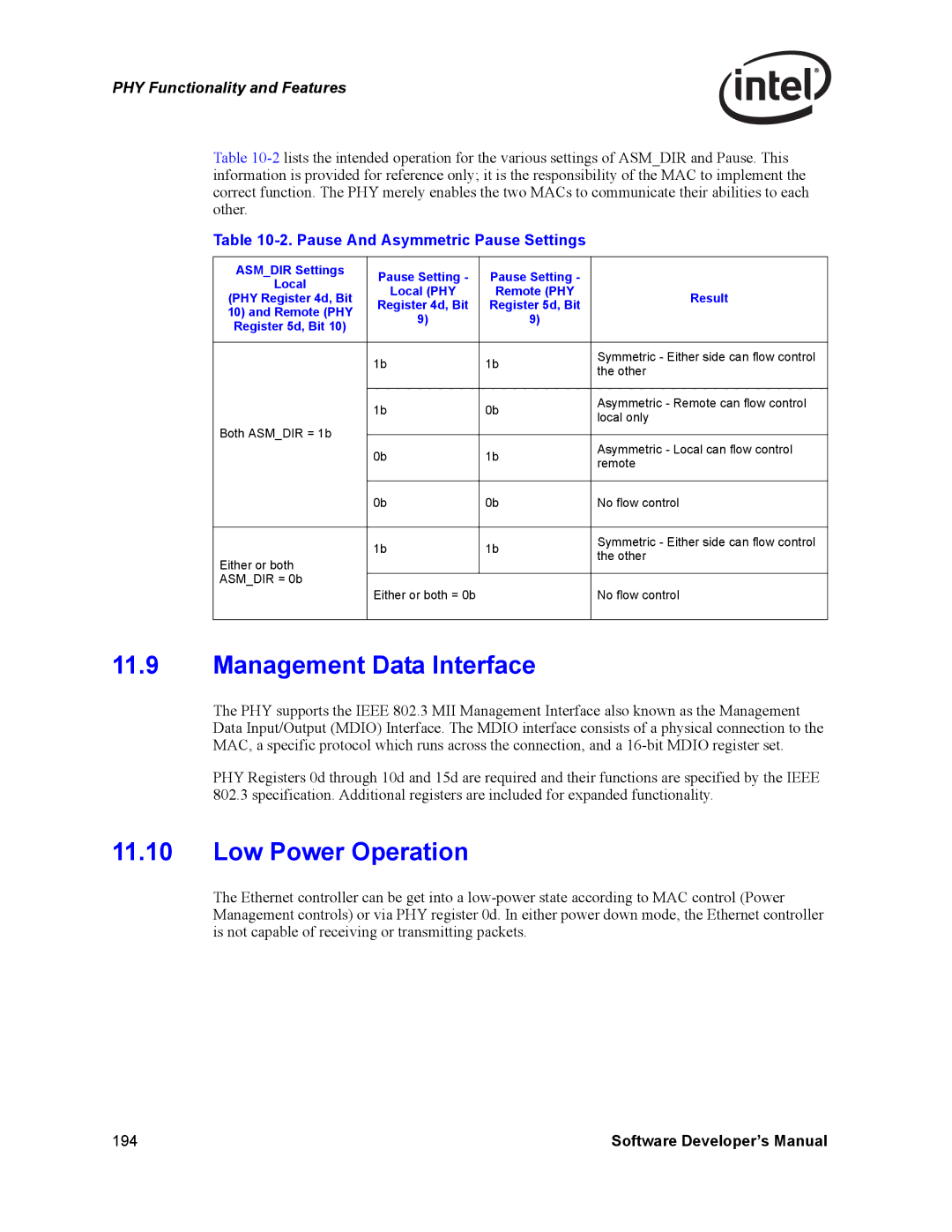 Intel PCI-X manual Management Data Interface, Low Power Operation, Pause And Asymmetric Pause Settings, Local PHY 