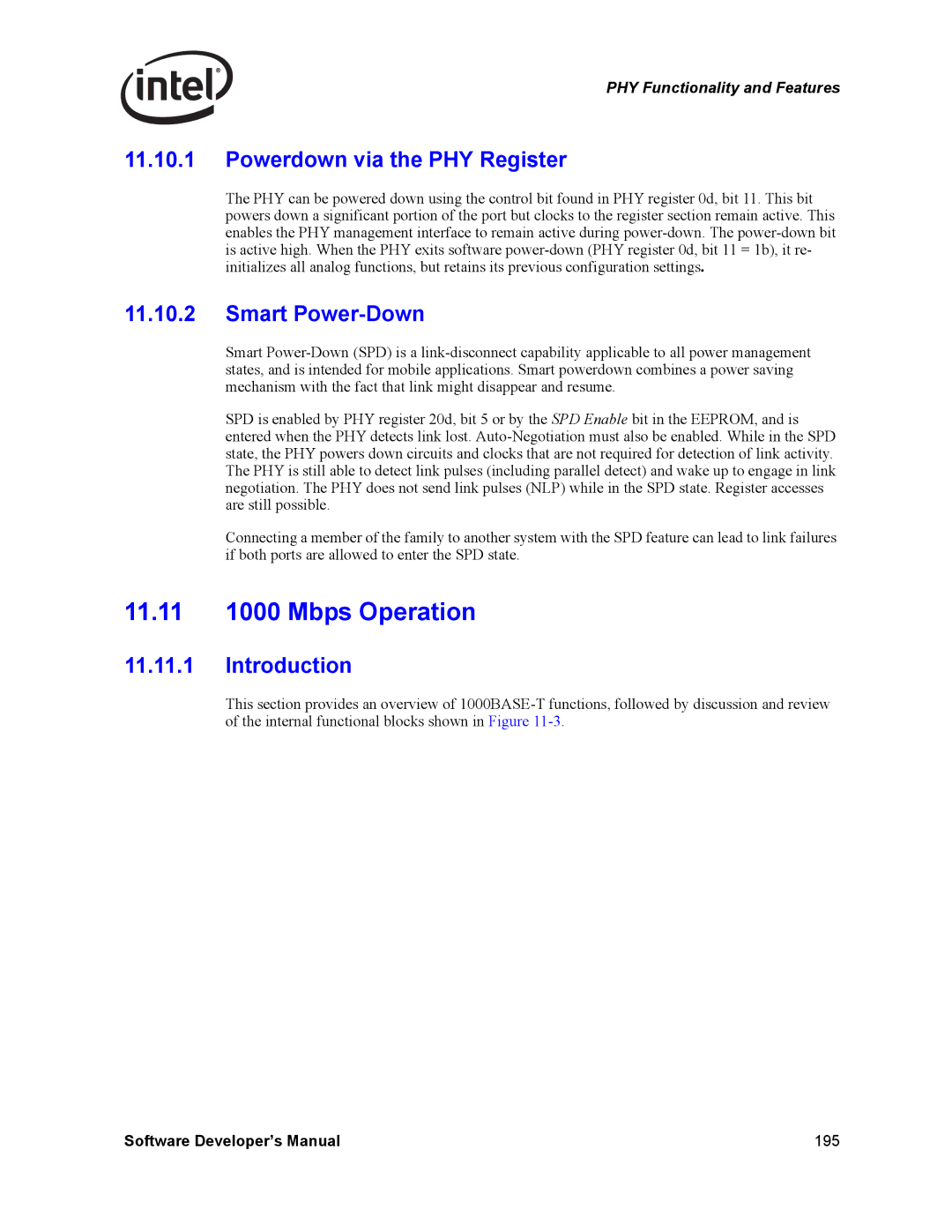 Intel Intel Gigabit Ethernet Controllers, PCI 11.11 1000 Mbps Operation, Powerdown via the PHY Register, Smart Power-Down 