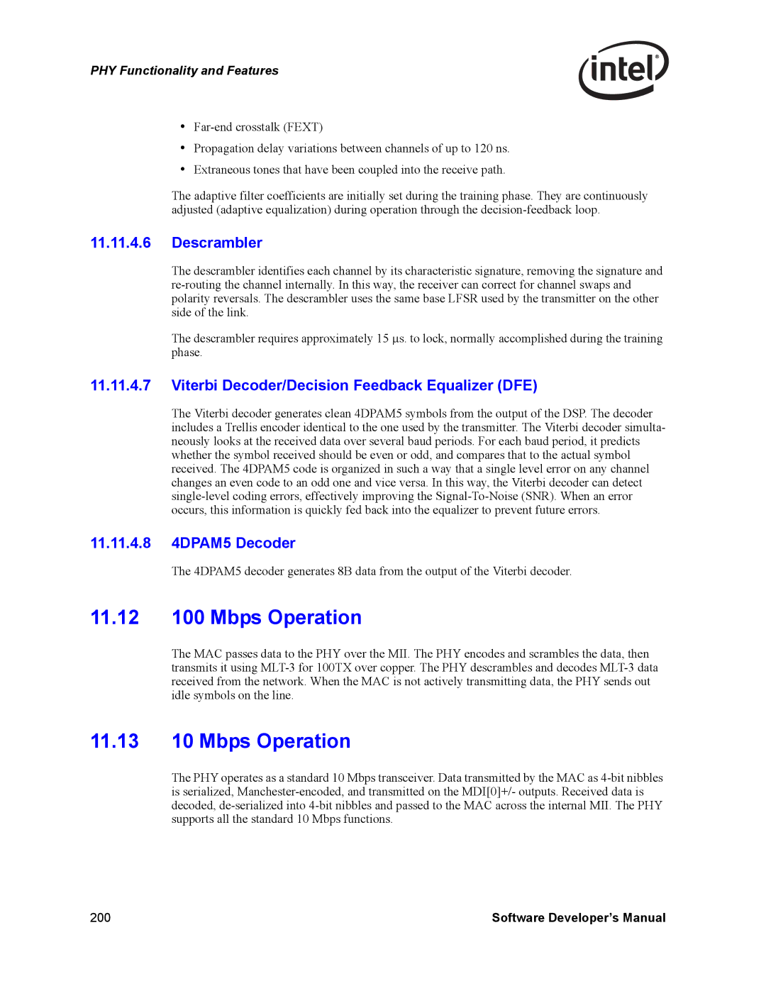 Intel PCI-X manual 11.12 100 Mbps Operation, 11.13 10 Mbps Operation, Descrambler, 11.11.4.8 4DPAM5 Decoder 