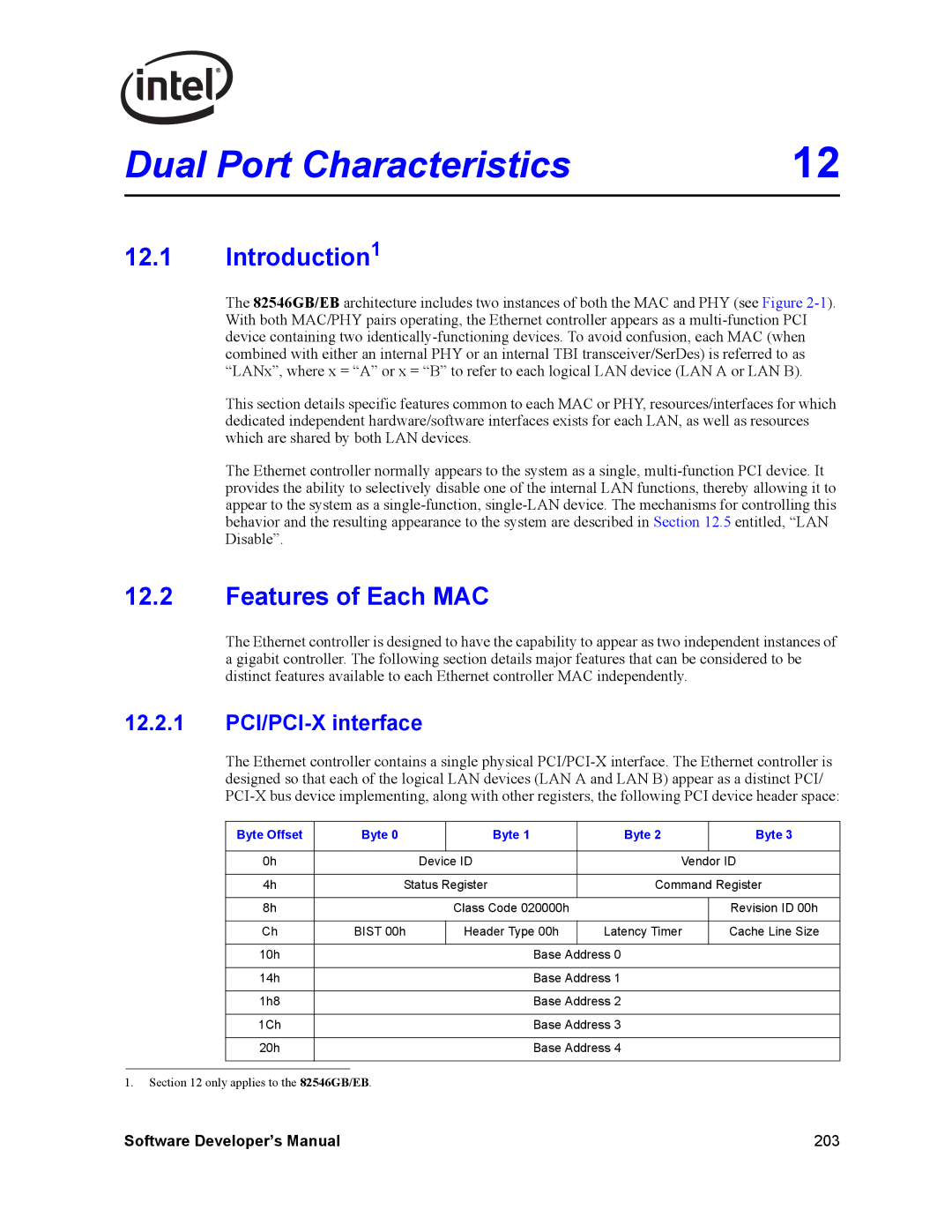 Intel Intel Gigabit Ethernet Controllers manual Introduction1, Features of Each MAC, 12.2.1 PCI/PCI-X interface 