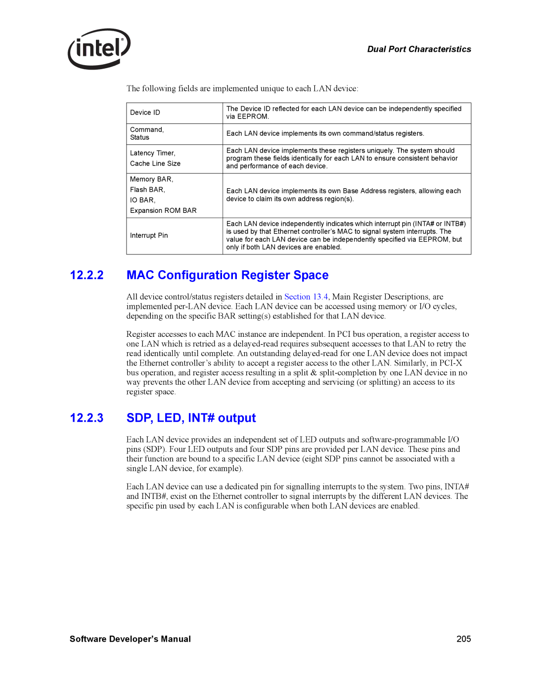 Intel PCI-X, Intel Gigabit Ethernet Controllers MAC Configuration Register Space, 12.2.3 SDP, LED, INT# output, Io Bar 