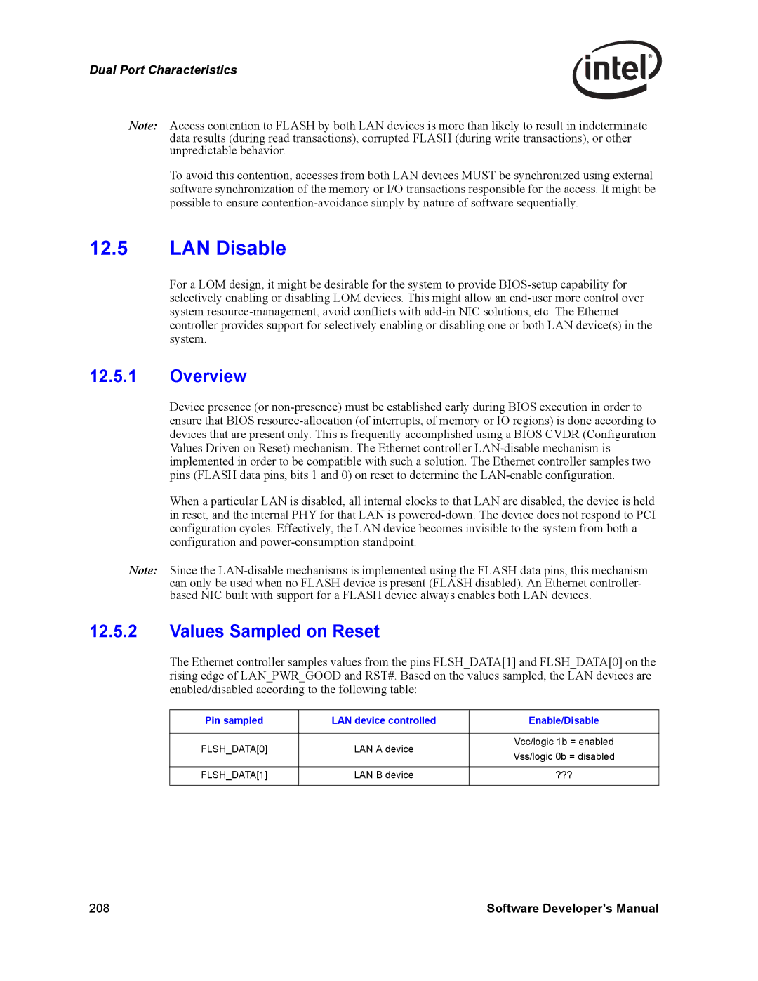 Intel PCI-X manual Values Sampled on Reset, Pin sampled LAN device controlled Enable/Disable 