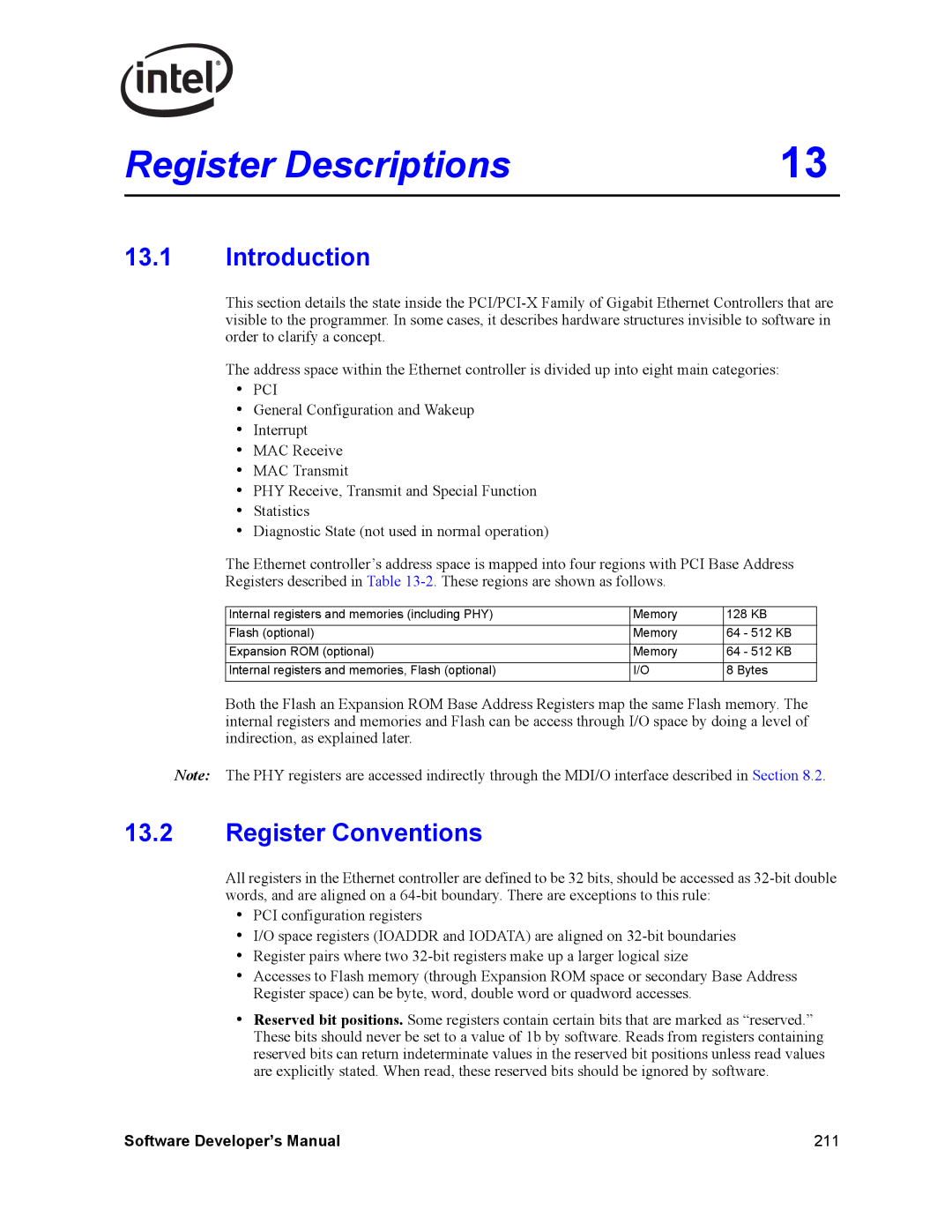 Intel PCI-X, Intel Gigabit Ethernet Controllers manual Register Descriptions, Register Conventions 