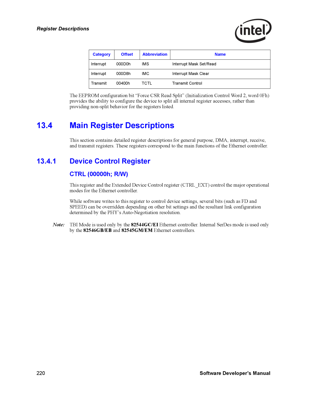 Intel PCI-X, Intel Gigabit Ethernet Controllers Main Register Descriptions, Device Control Register, Ctrl 00000h R/W 