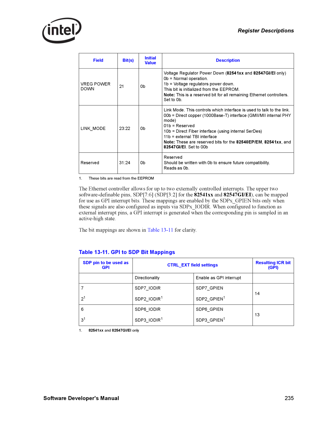 Intel PCI-X, Intel Gigabit Ethernet Controllers manual GPI to SDP Bit Mappings, Vreg Power, Down, Linkmode 