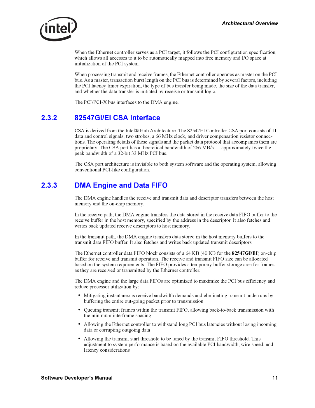 Intel PCI-X, Intel Gigabit Ethernet Controllers manual 2 82547GI/EI CSA Interface, DMA Engine and Data Fifo 