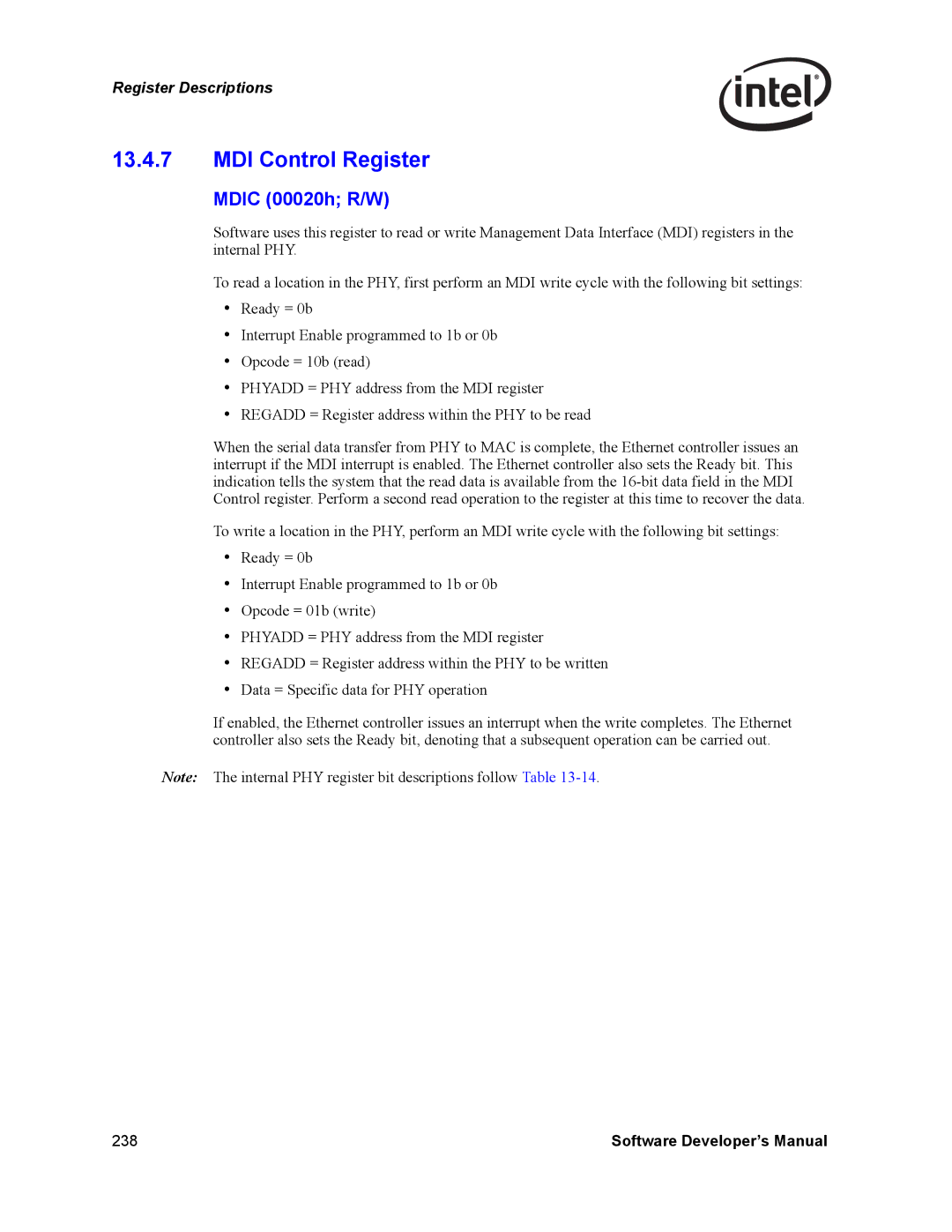 Intel PCI-X, Intel Gigabit Ethernet Controllers manual MDI Control Register, Mdic 00020h R/W 