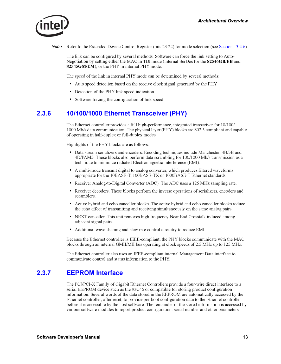 Intel PCI-X, Intel Gigabit Ethernet Controllers manual 6 10/100/1000 Ethernet Transceiver PHY, Eeprom Interface 