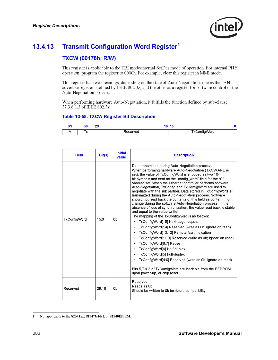 Intel Intel Gigabit Ethernet Controllers, PCI-X manual Transmit Configuration Word Register1, Txcw 00178h R/W 