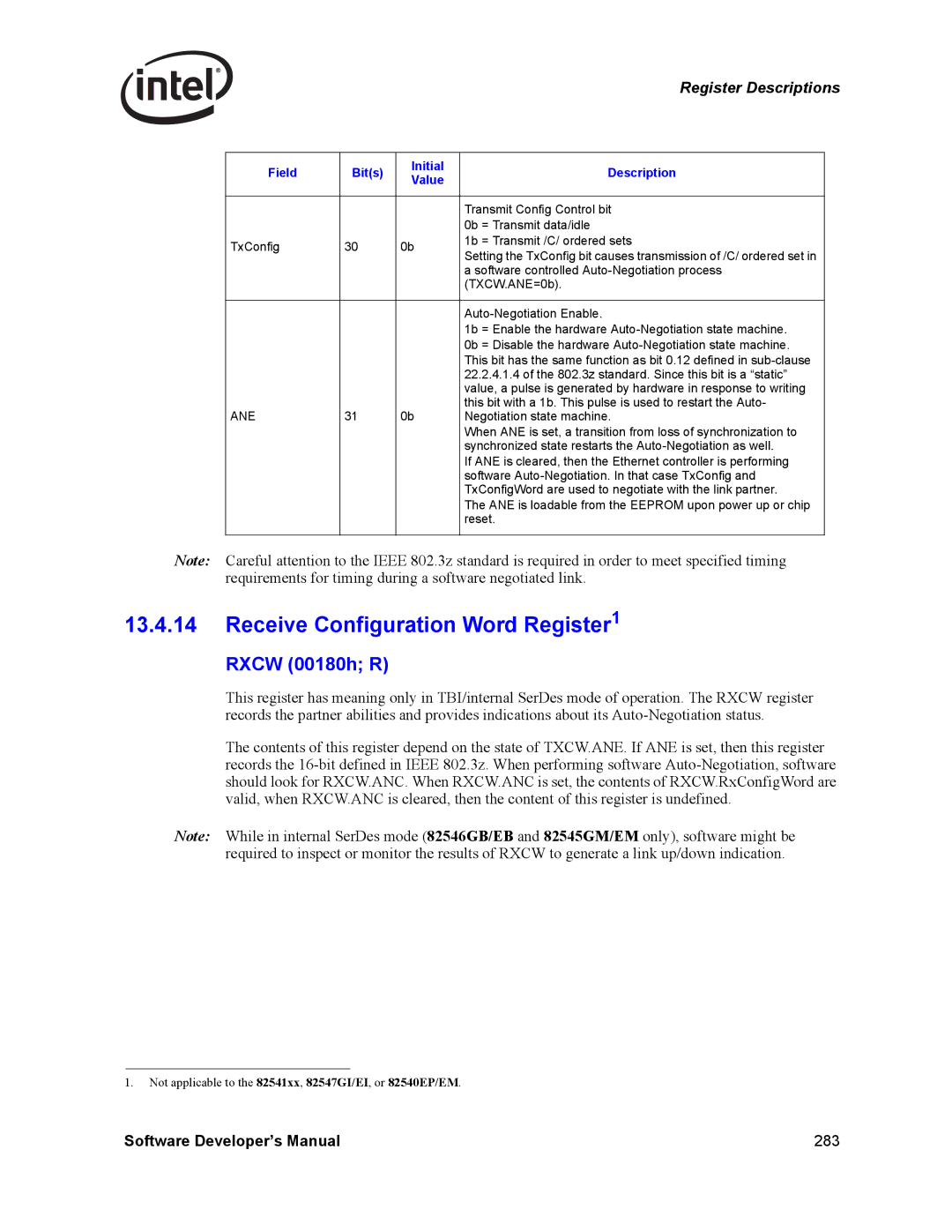 Intel PCI-X, Intel Gigabit Ethernet Controllers manual Receive Configuration Word Register1, Rxcw 00180h R 