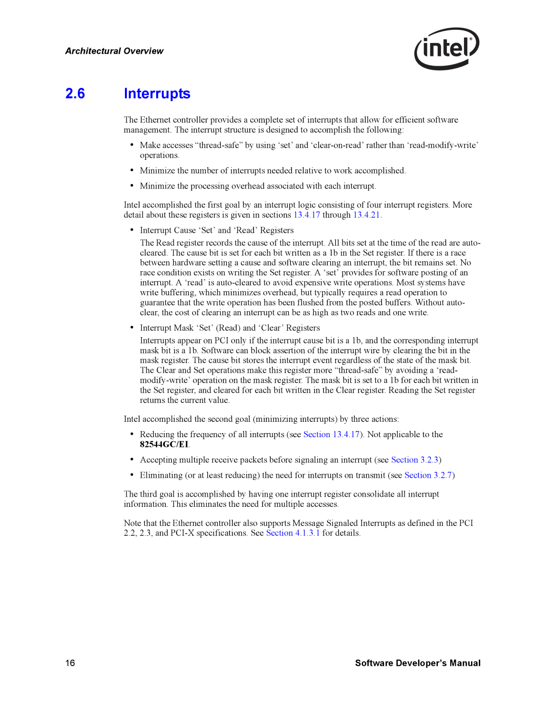 Intel PCI-X, Intel Gigabit Ethernet Controllers manual Interrupts 