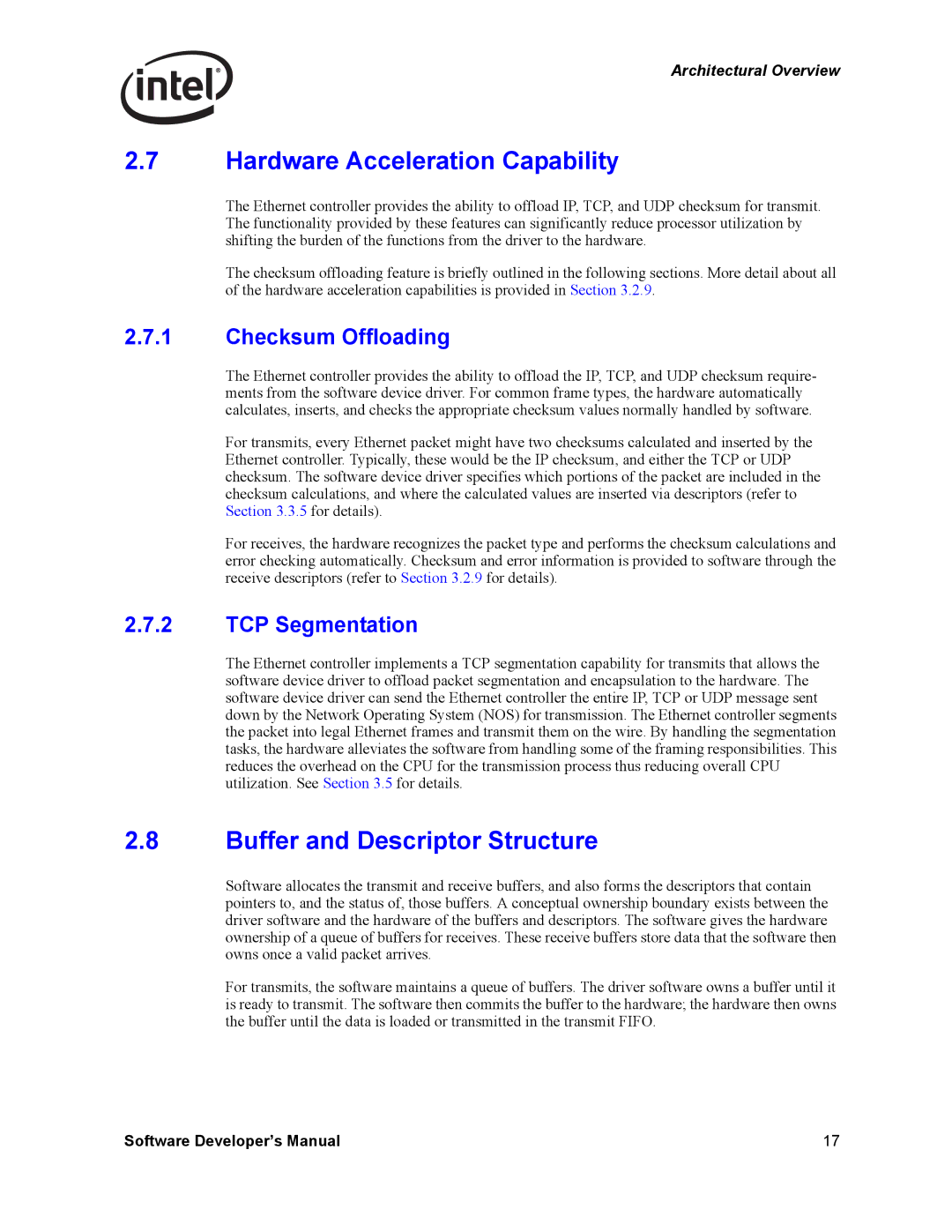 Intel PCI-X manual Hardware Acceleration Capability, Buffer and Descriptor Structure, Checksum Offloading, TCP Segmentation 