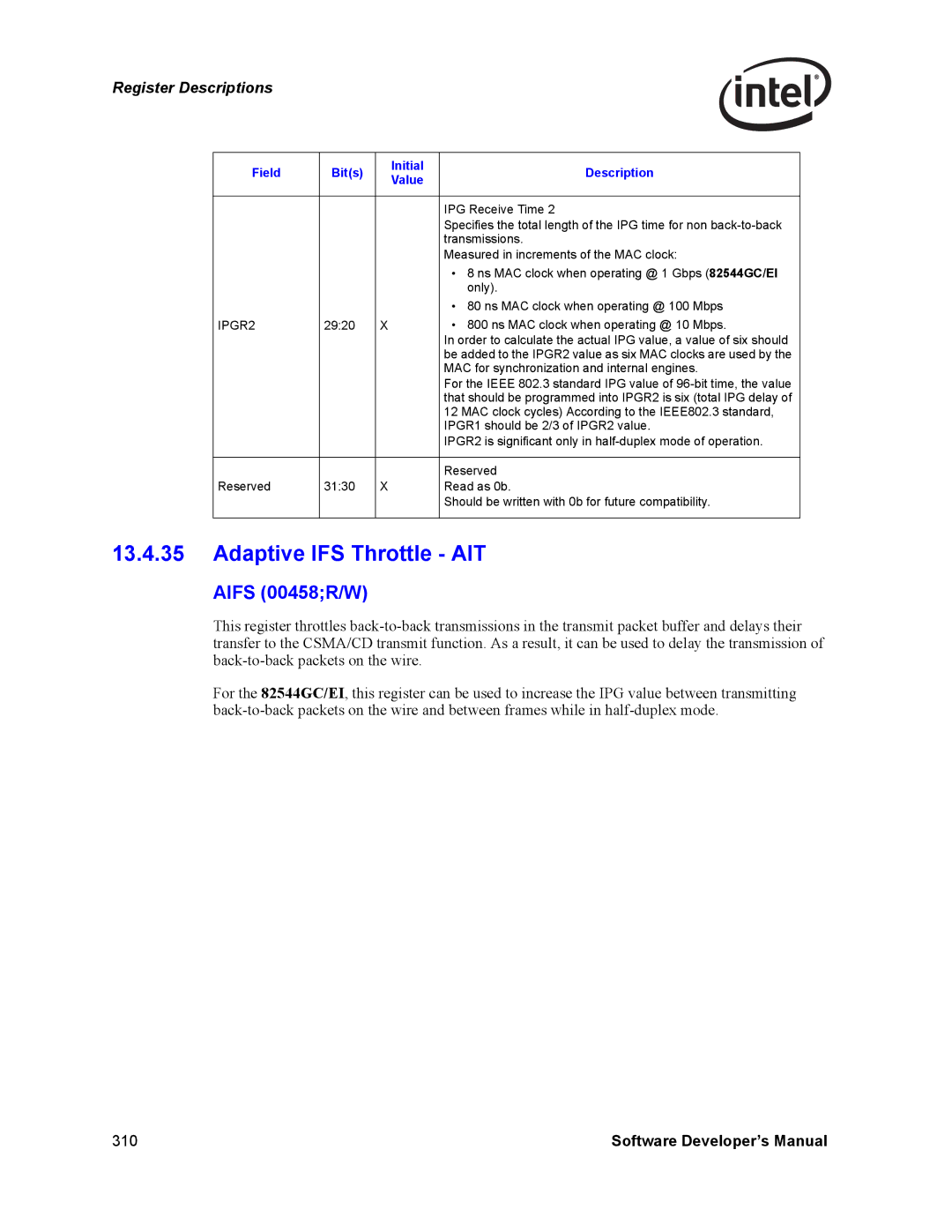 Intel PCI-X, Intel Gigabit Ethernet Controllers manual Adaptive IFS Throttle AIT, Aifs 00458R/W, IPGR2 